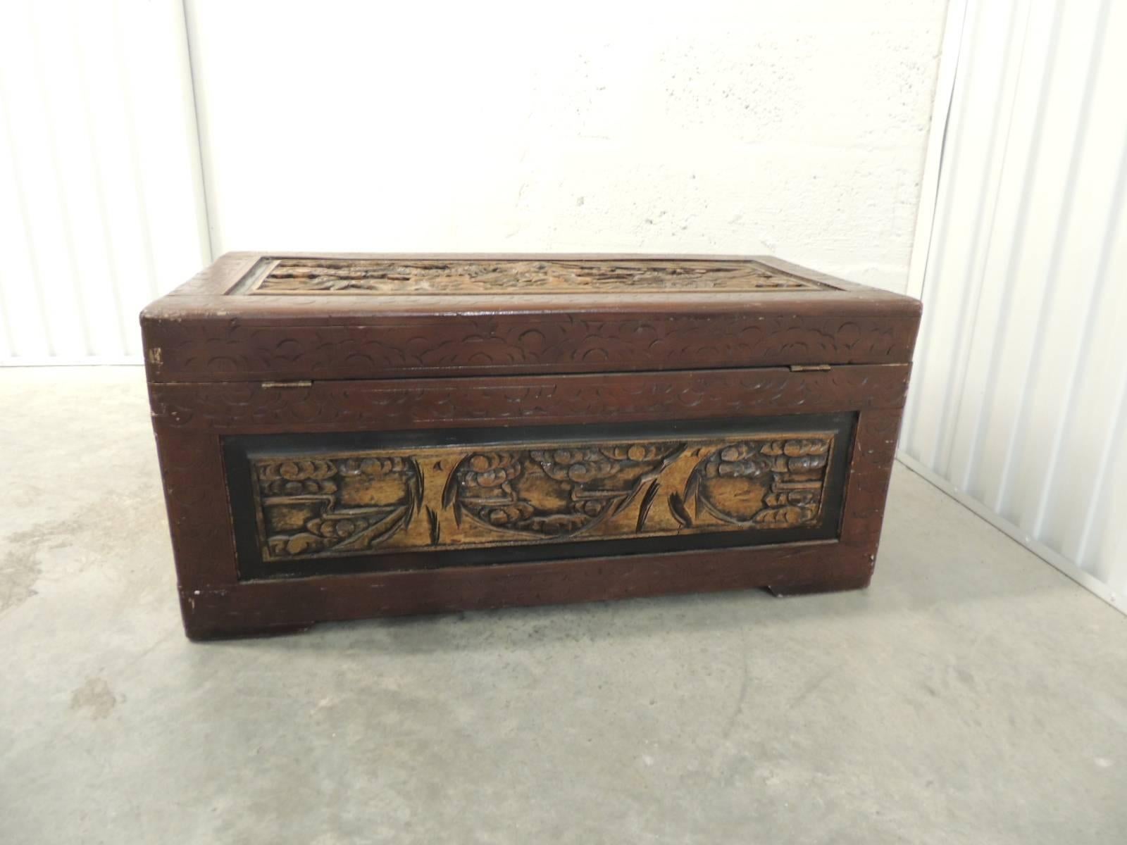 Chinese Large Vintage Hand-Carved Asian Large Cinnabar Lacquered Chest/Trunk