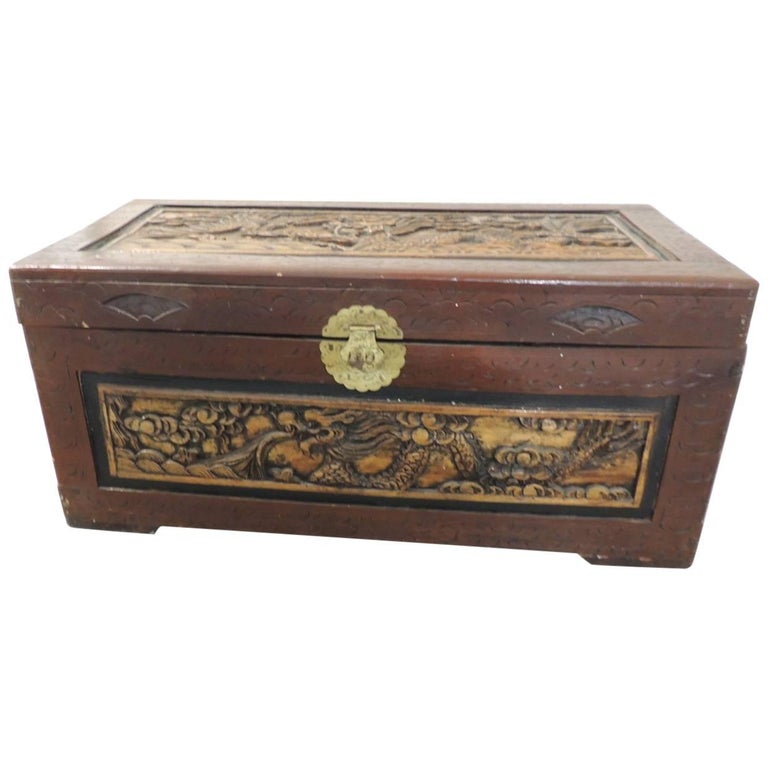 Large Vintage HandCarved Asian Large Cinnabar Lacquered Chest For Sale at 1stdibs