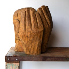 Grande scultura brutalista vintage in legno intagliato a mano, firmata anni '80