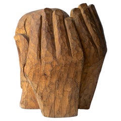 Large Vintage Hand Carved Wooden Brutalist Sculpture, Signed 1980s