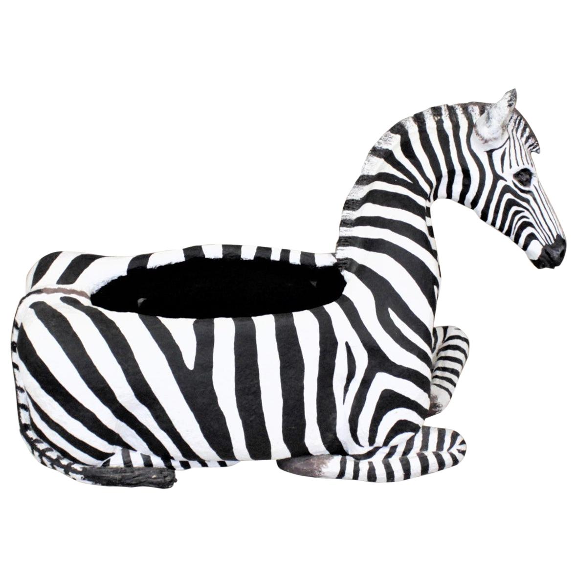 Large Vintage Hand-Crafted & Signed Mixed Media Zebra Sculpture or Planter Box