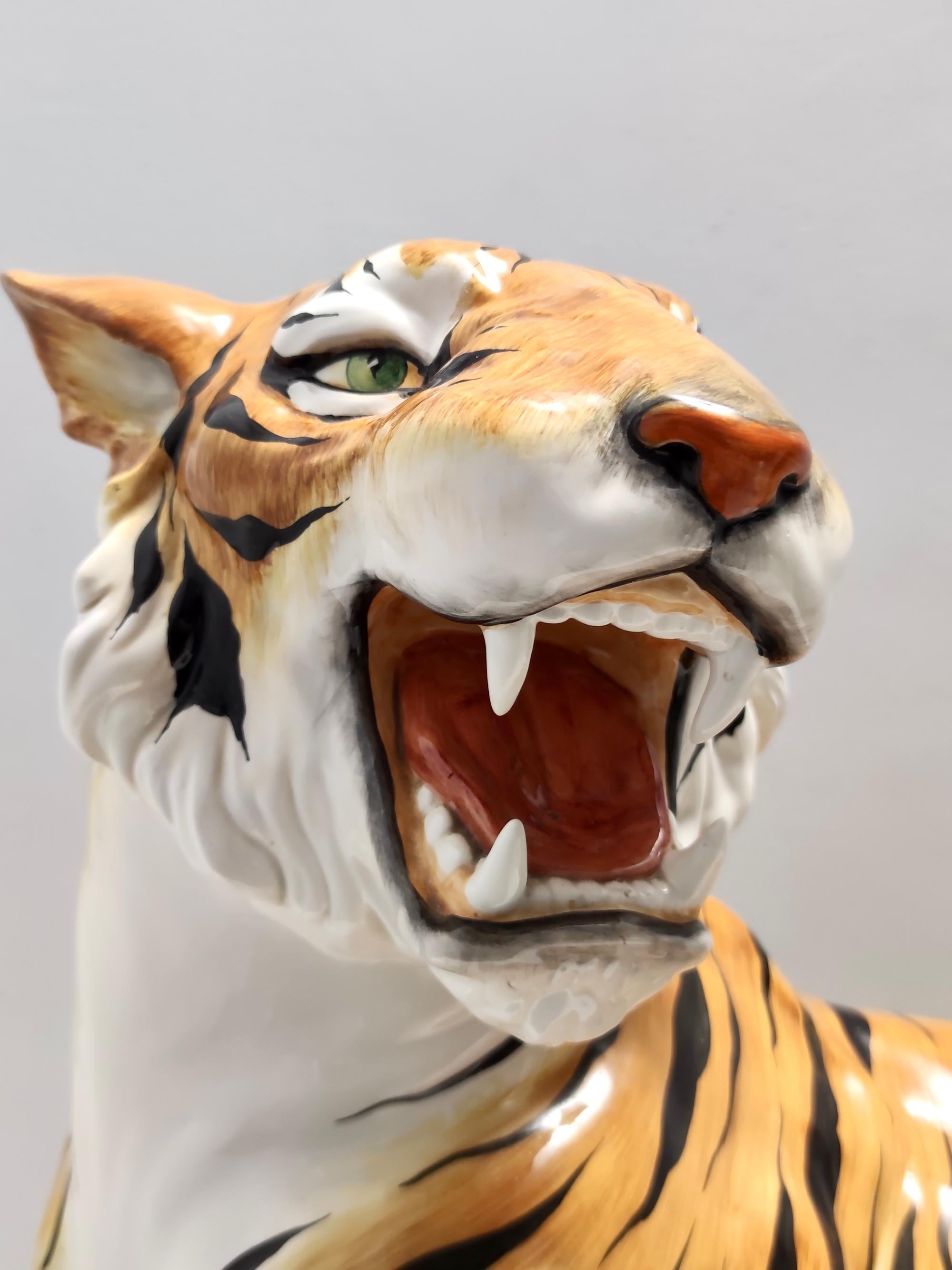Large Vintage Hand Painted Ceramic Roaring Tiger, Italy For Sale 3