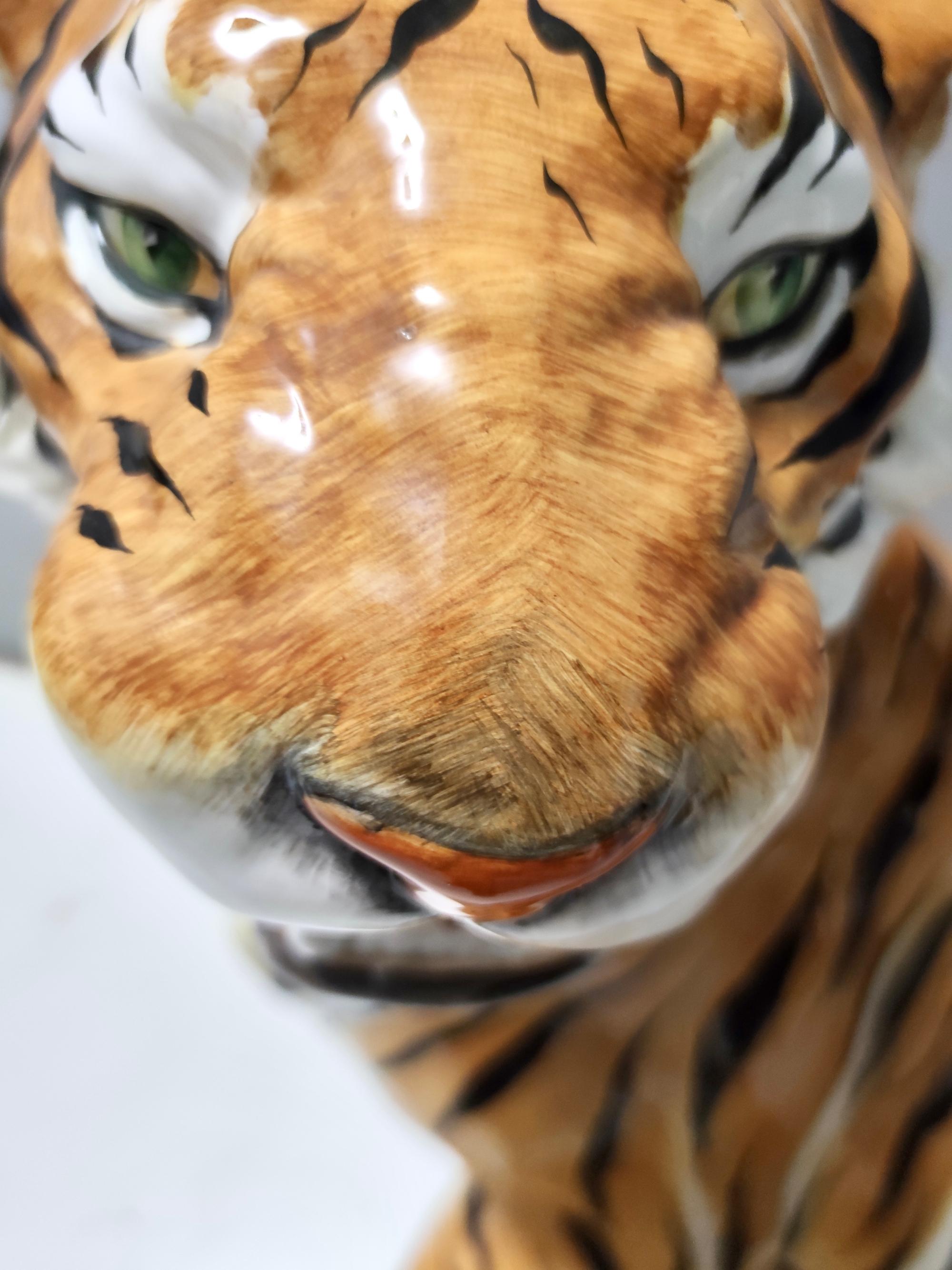 Large Vintage Hand Painted Ceramic Roaring Tiger, Italy For Sale 4
