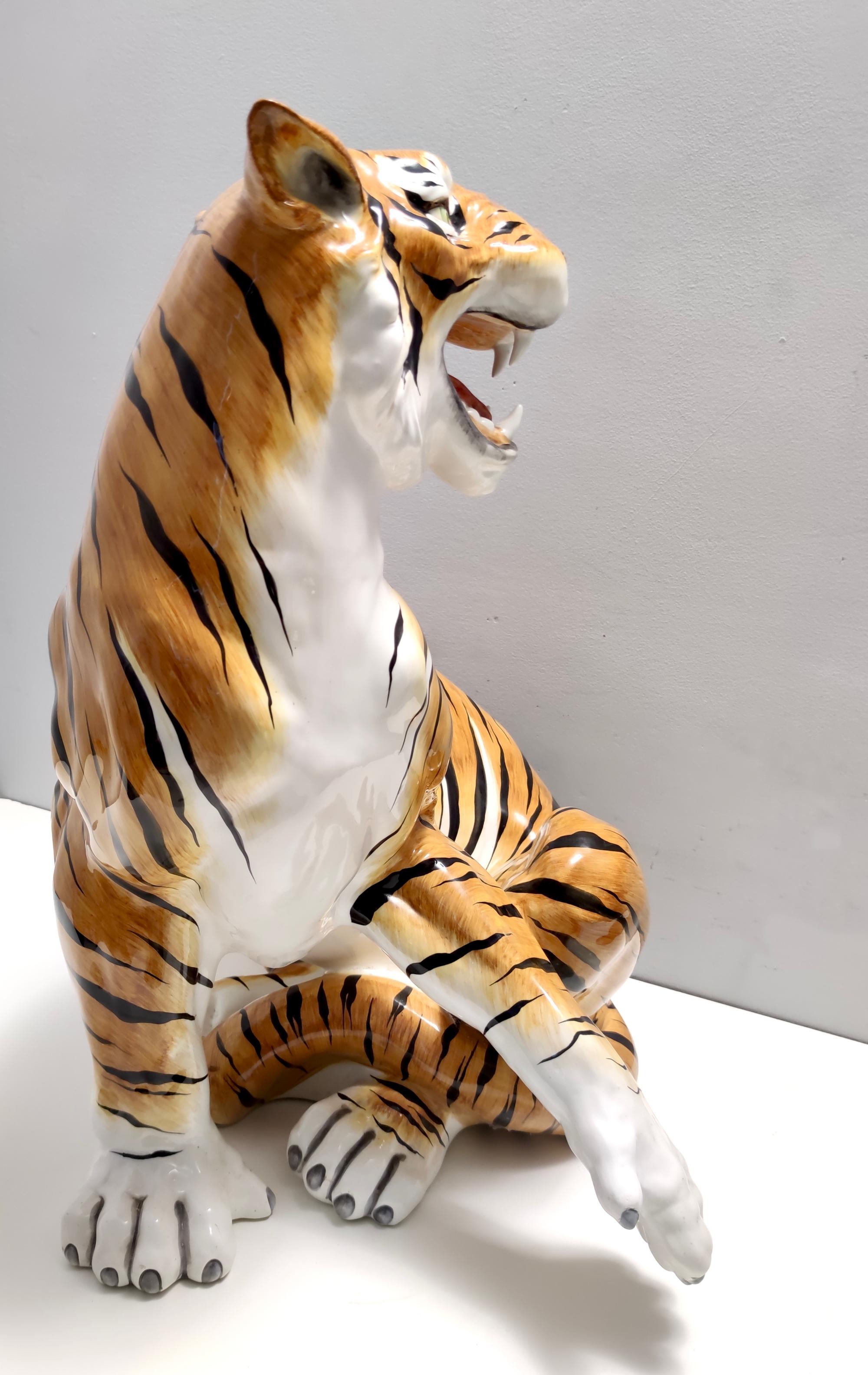 Mid-Century Modern Large Vintage Hand Painted Ceramic Roaring Tiger, Italy For Sale