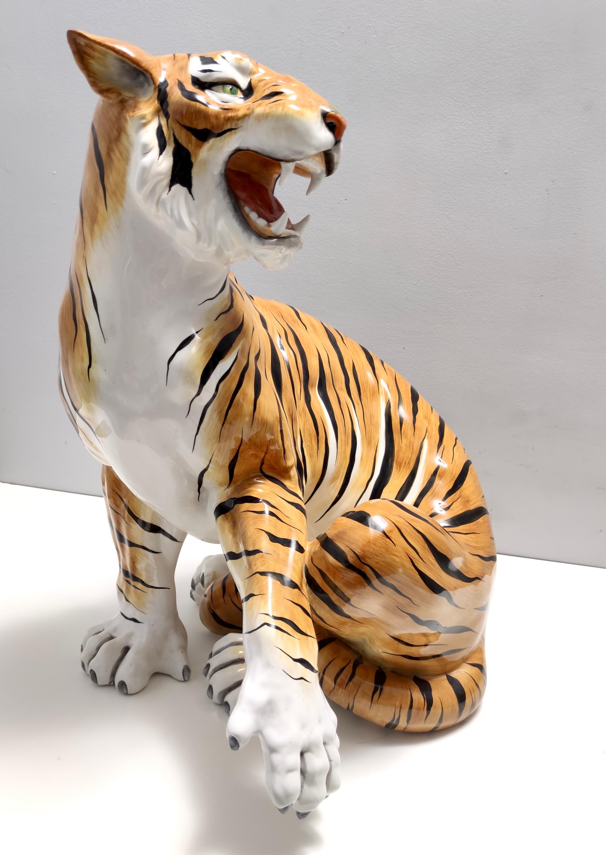 Italian Large Vintage Hand Painted Ceramic Roaring Tiger, Italy For Sale