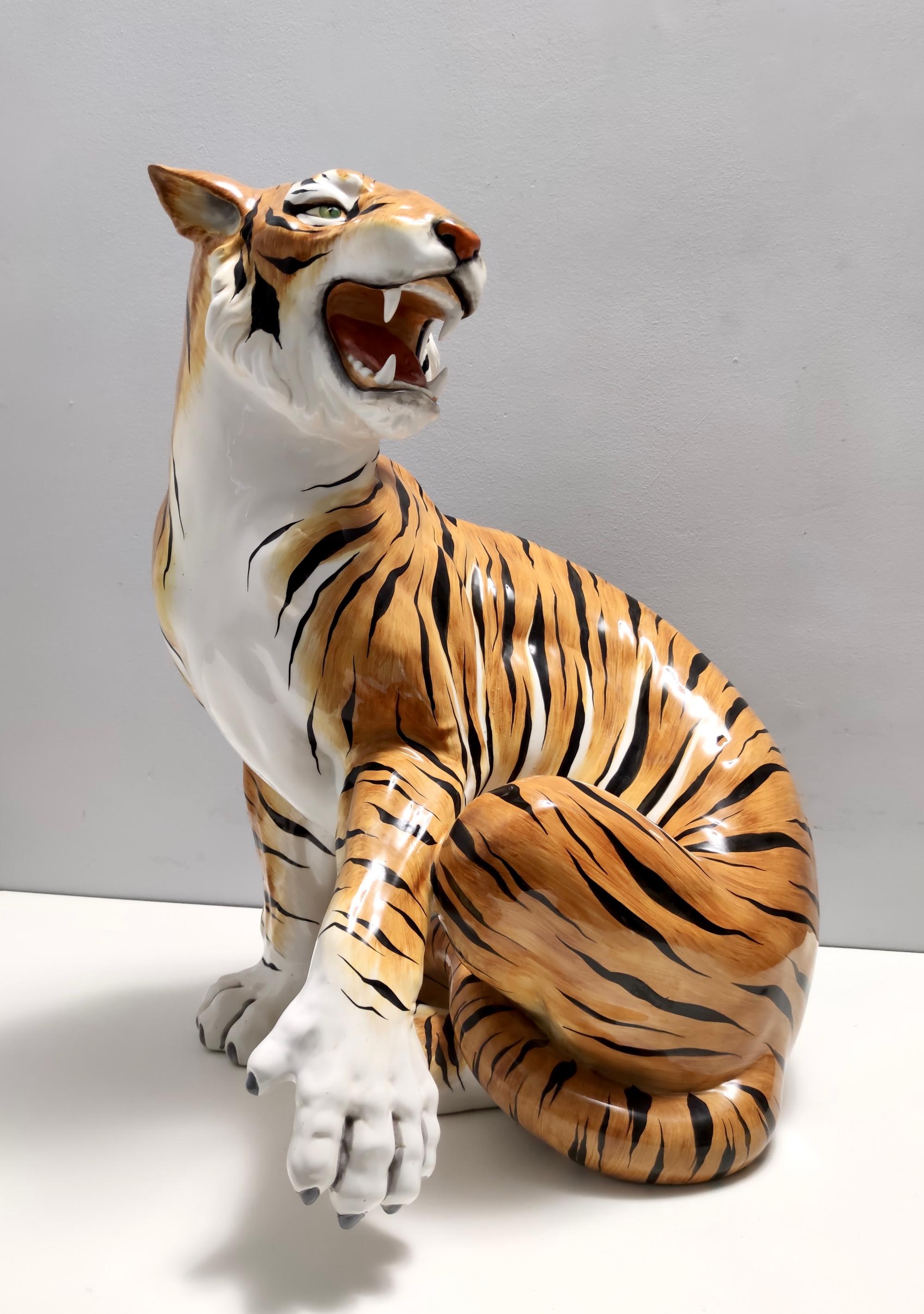 Hand-Painted Large Vintage Hand Painted Ceramic Roaring Tiger, Italy For Sale