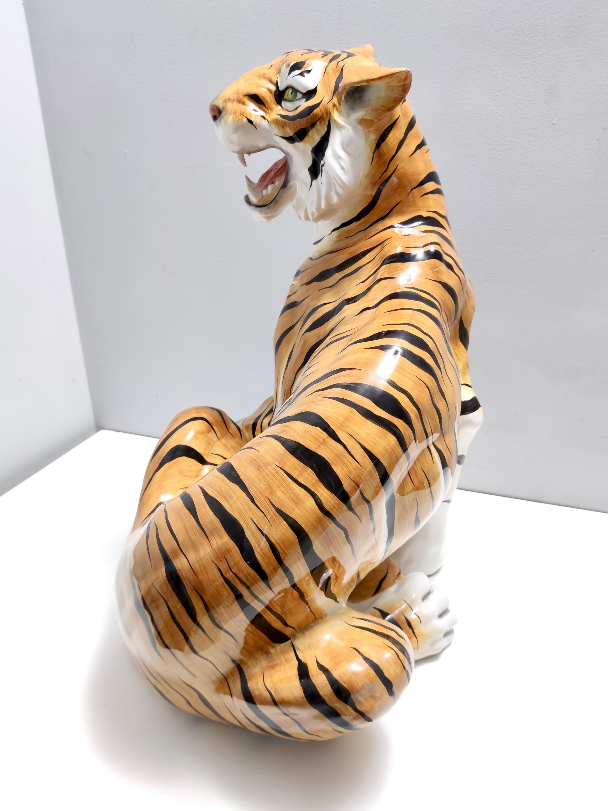 Mid-20th Century Large Vintage Hand Painted Ceramic Roaring Tiger, Italy For Sale