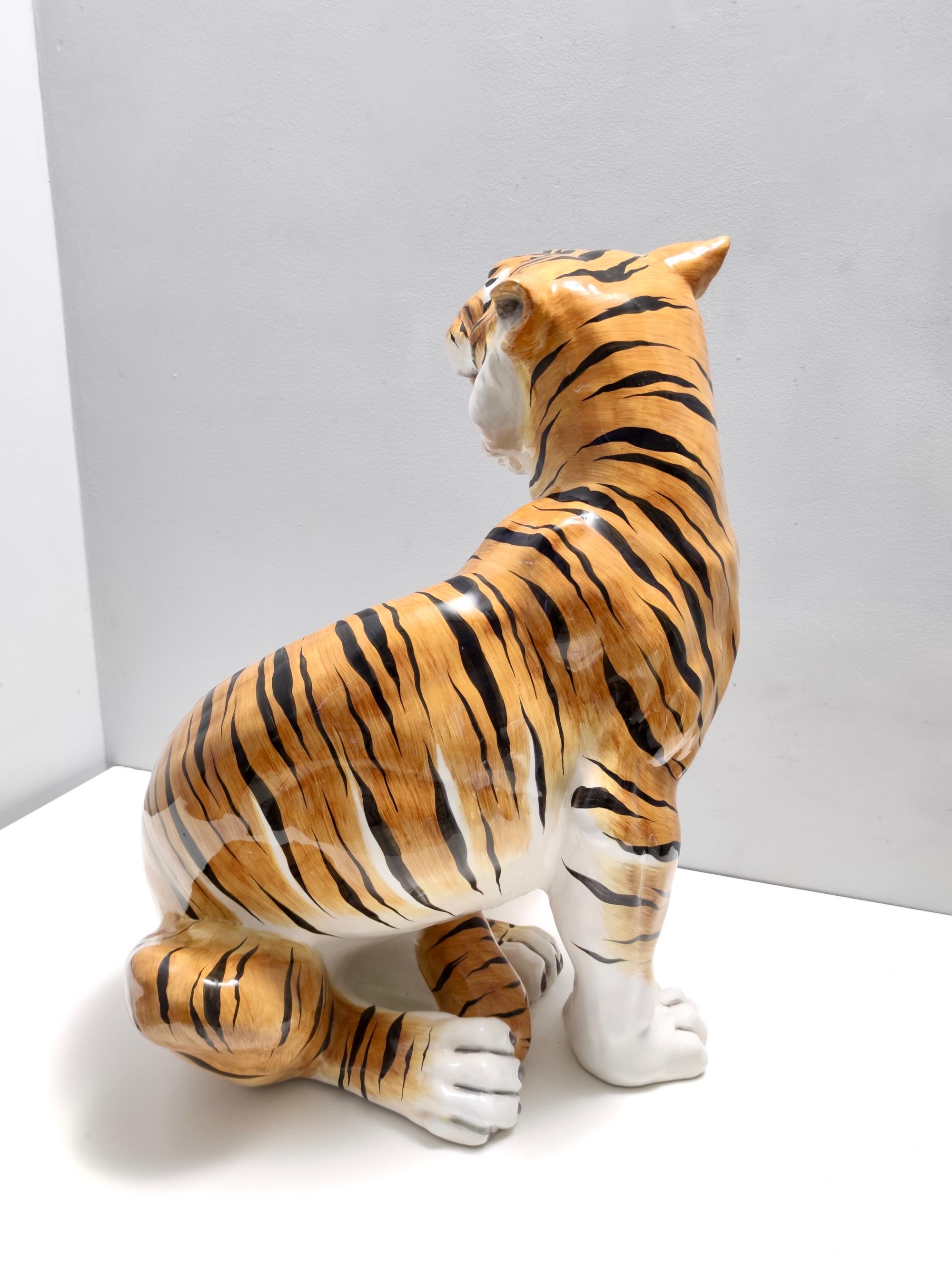 Large Vintage Hand Painted Ceramic Roaring Tiger, Italy For Sale 1