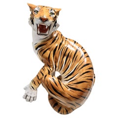 Large Vintage Hand Painted Ceramic Roaring Tiger, Italy