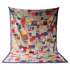 Large Vintage Hand Stitched Patchwork Quilt Bedspread, Mid 20th Century
