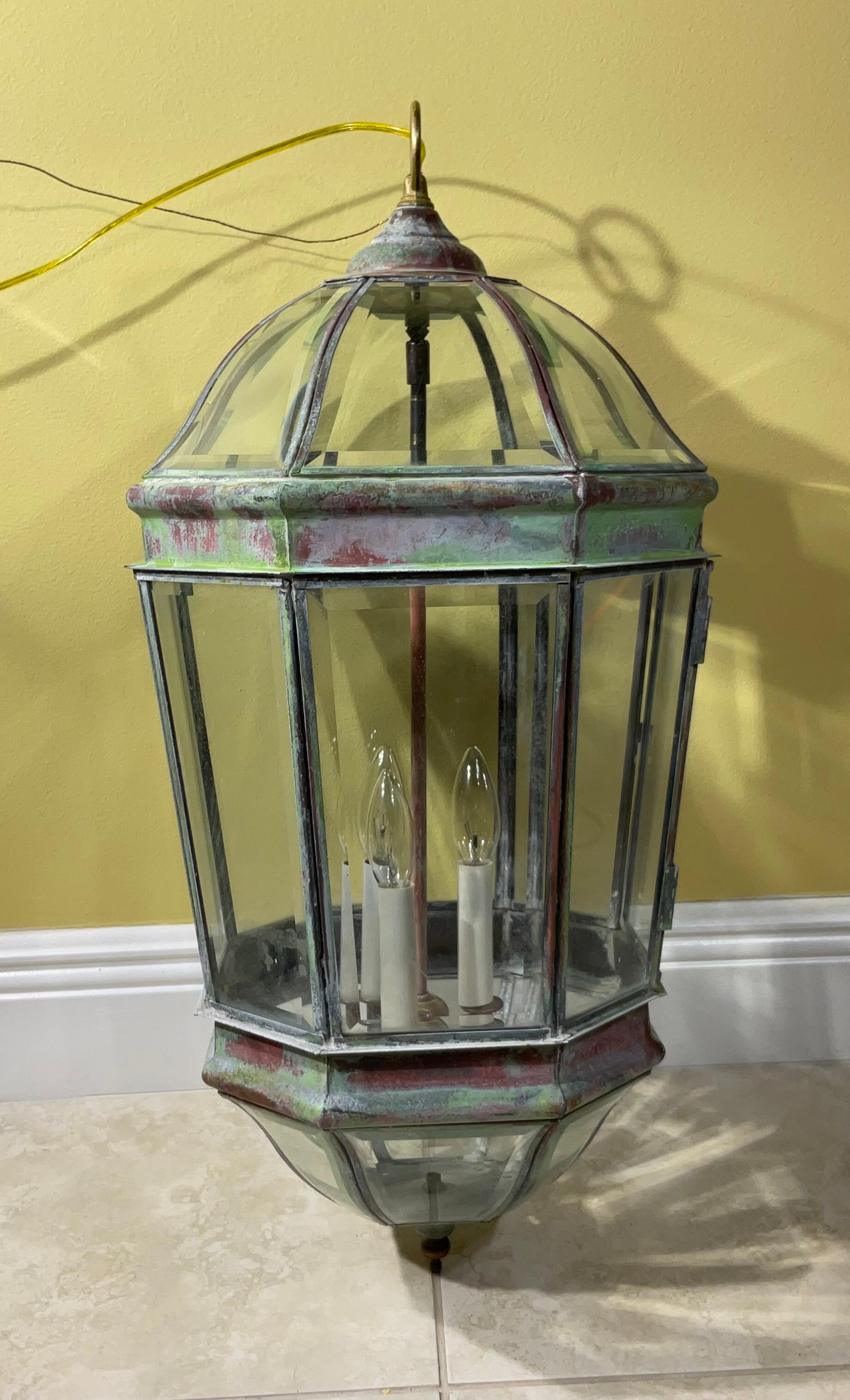 Large Vintage Handcrafted Hanging Brass Lantern or Pendent  In Good Condition For Sale In Delray Beach, FL