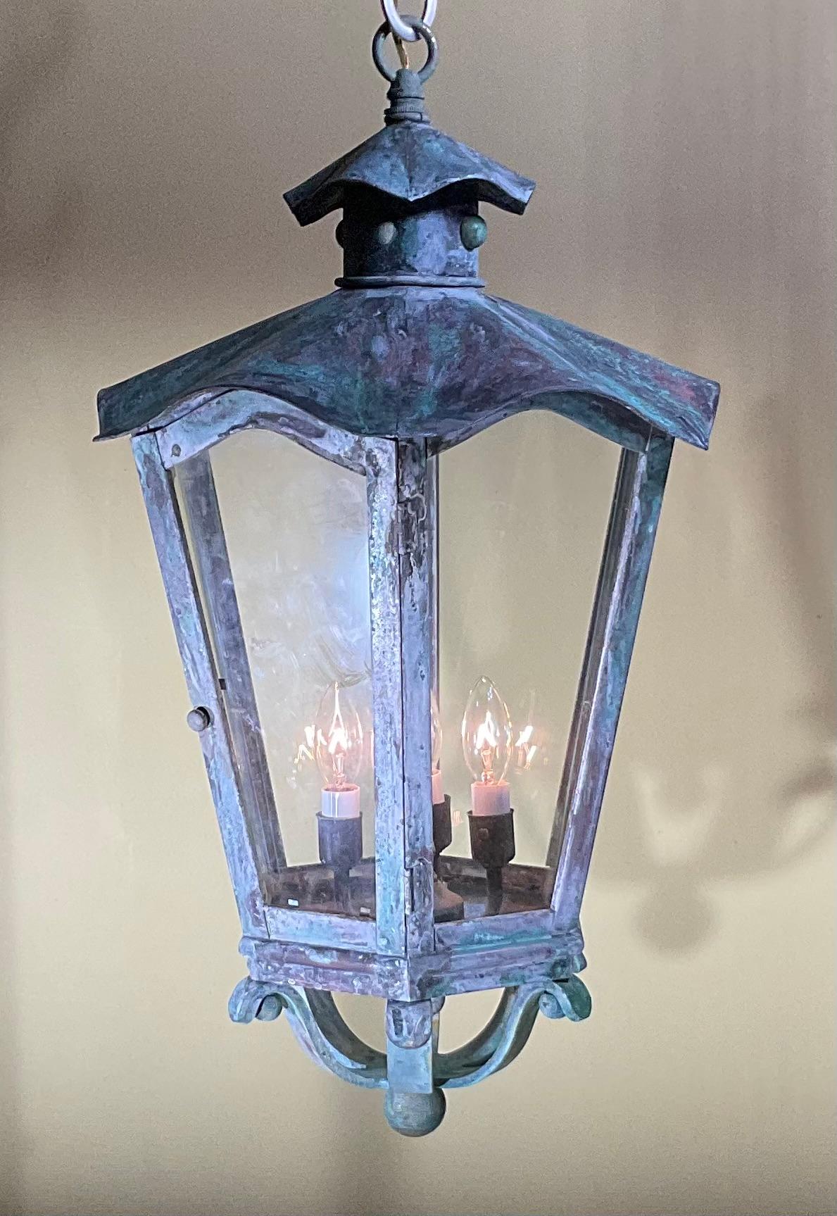 American Large Vintage Handcrafted Six Sides Solid Brass Hanging Lantern For Sale