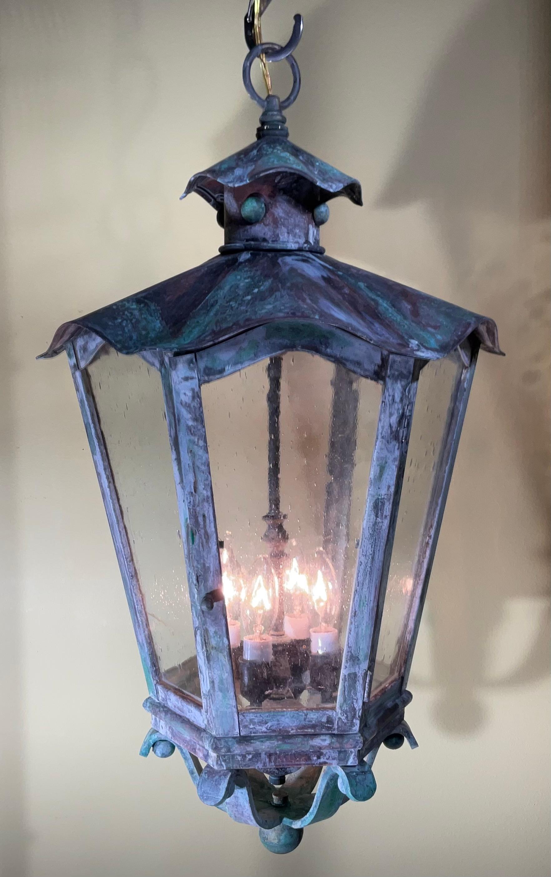 Hand-Crafted Large Vintage Handcrafted Six Sides Solid Brass Hanging Lantern