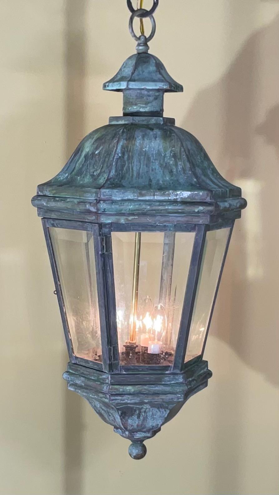 Hand-Crafted Large Vintage Handcrafted Six Sides Solid Brass Hanging Lantern For Sale