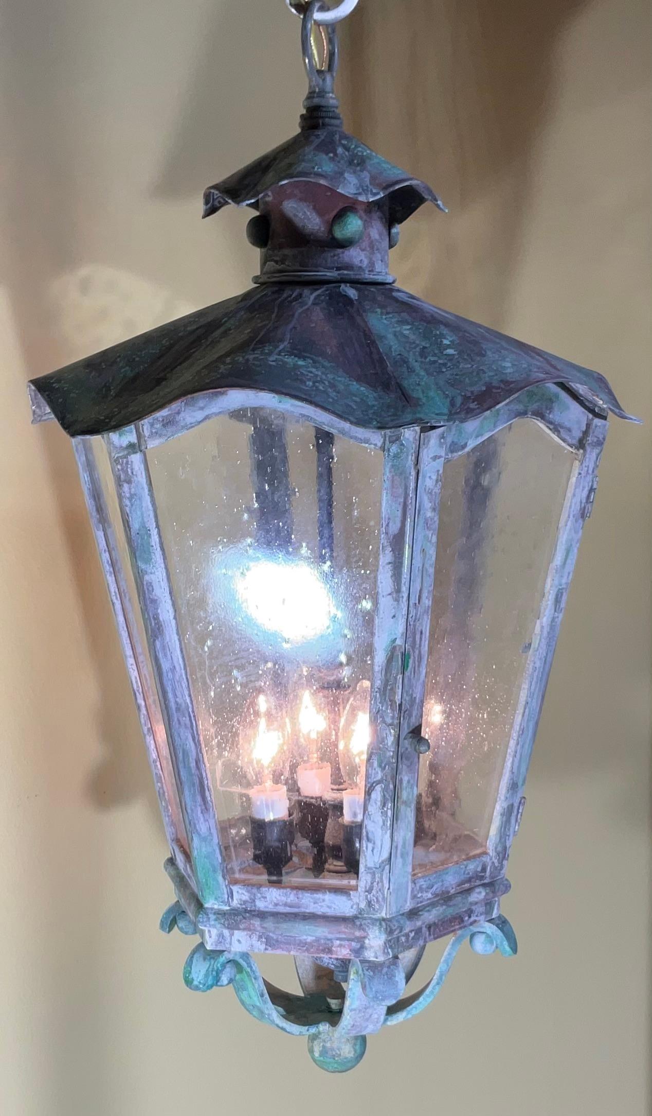 Large Vintage Handcrafted Six Sides Solid Brass Hanging Lantern In Good Condition In Delray Beach, FL