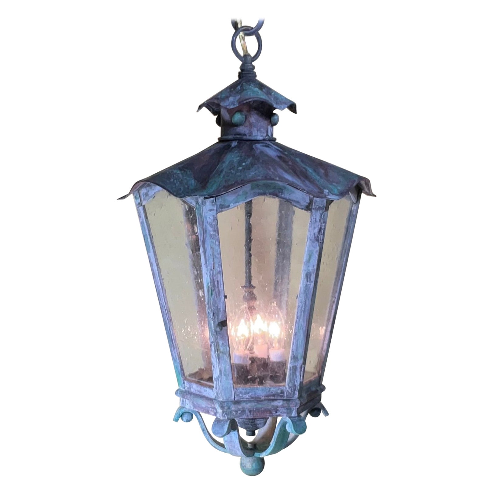 Large Vintage Handcrafted Six Sides Solid Brass Hanging Lantern