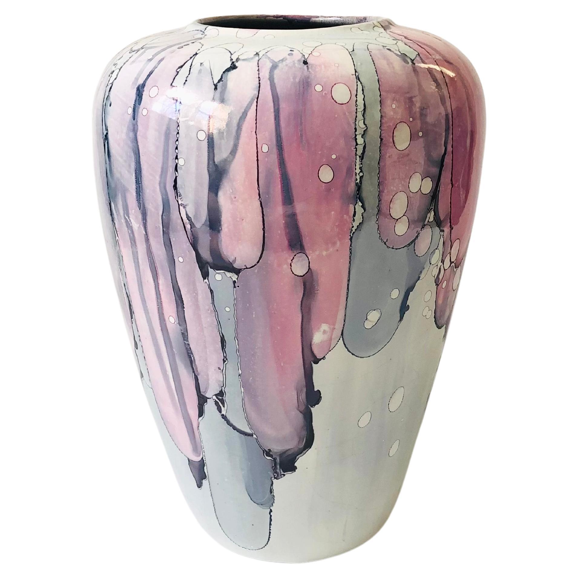 Large Vintage Handmade Drip Pottery Vase For Sale