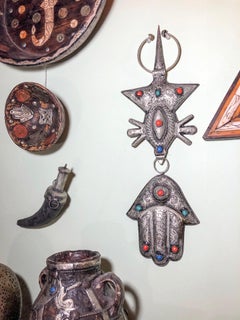 1960s Vintage Moroccan Etched Silver Hamsa Wall Decor w/Gems Handmade Boho Vibes