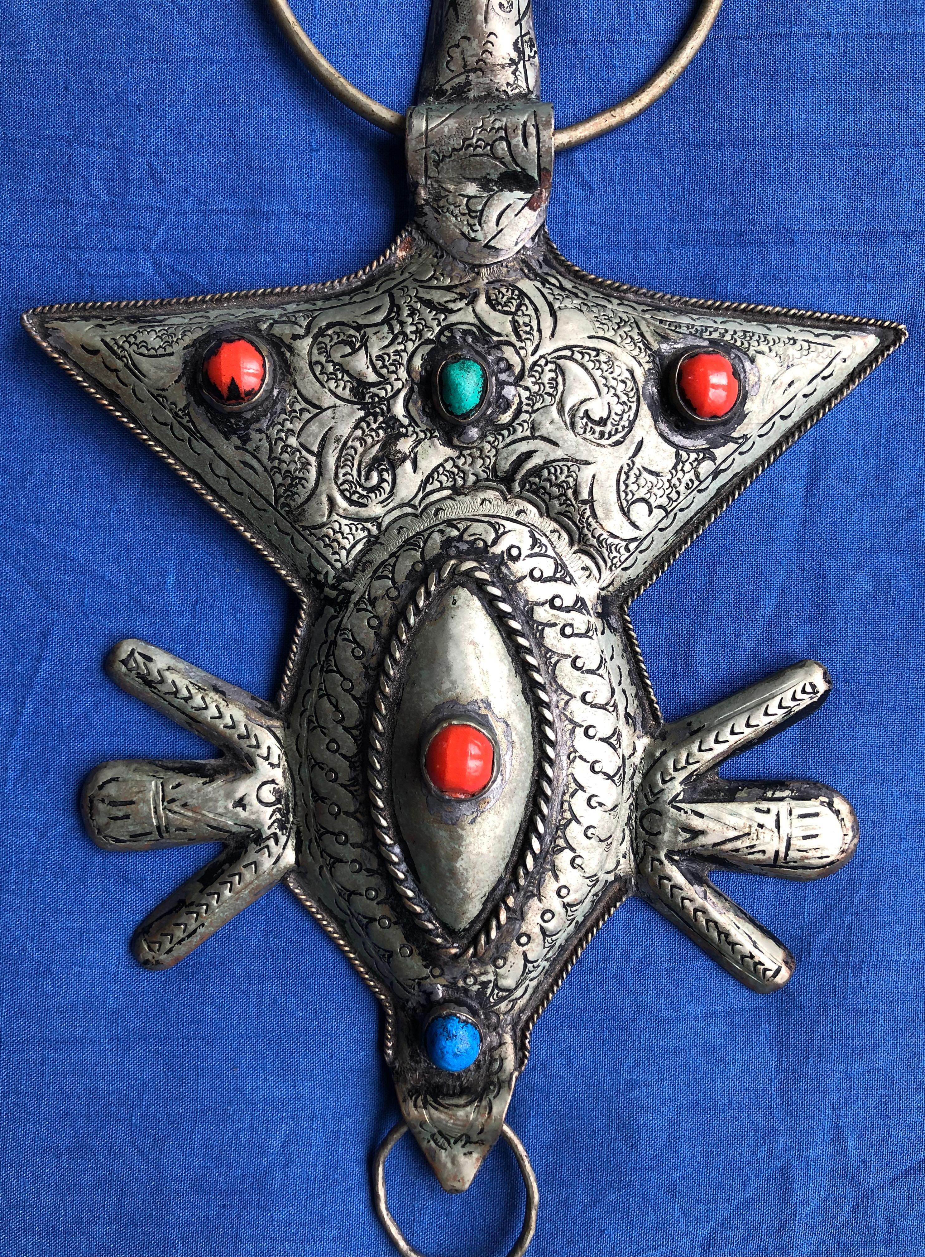 Tribal 1960s Vintage Moroccan Etched Silver Hamsa Wall Decor w/Gems Handmade Boho Vibes For Sale