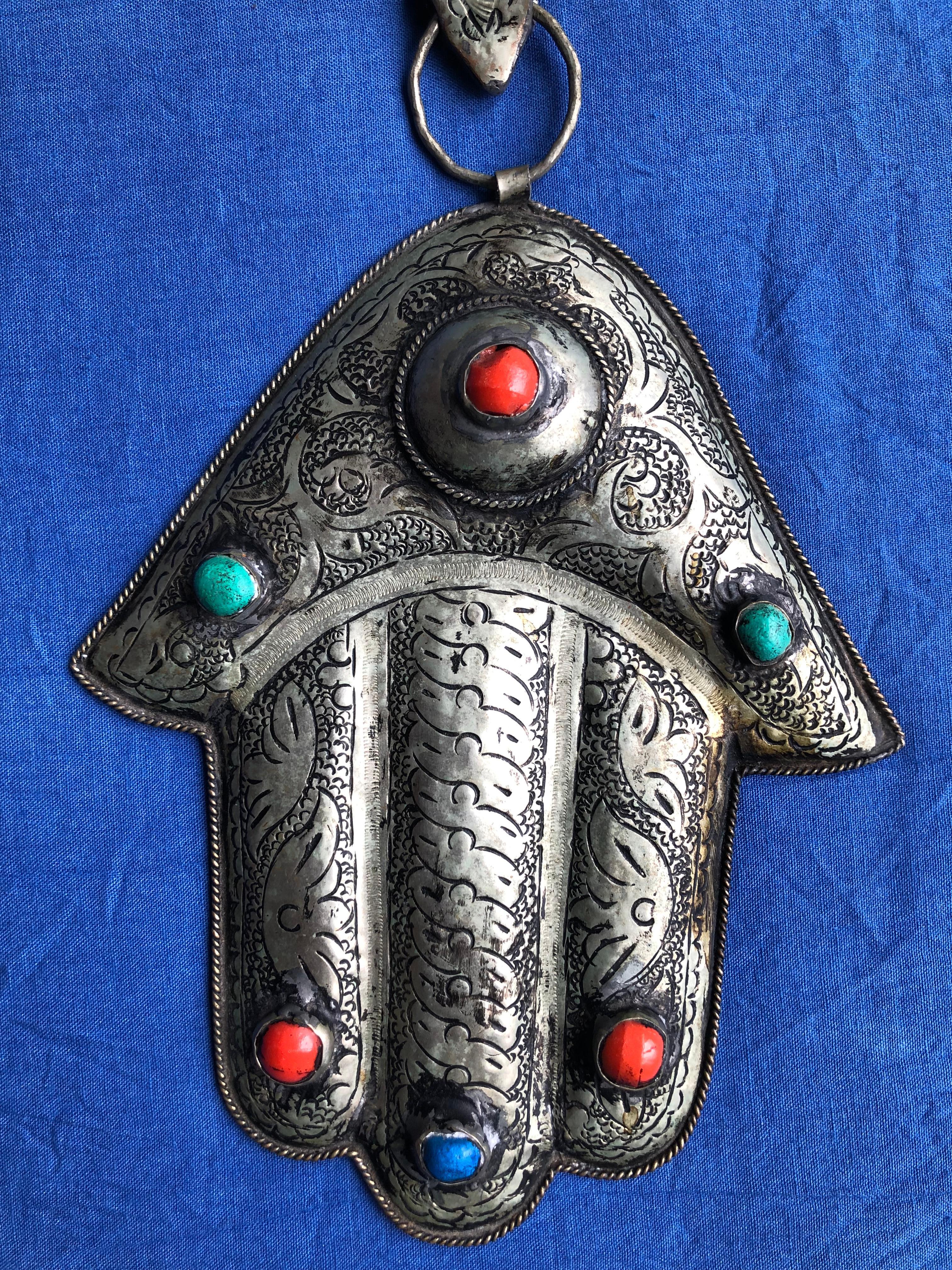 Carved 1960s Vintage Moroccan Etched Silver Hamsa Wall Decor w/Gems Handmade Boho Vibes For Sale