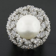 Large Vintage Handmade Platinum Pearl w/ 6.57ct Diamond Wire Work Dome Ring