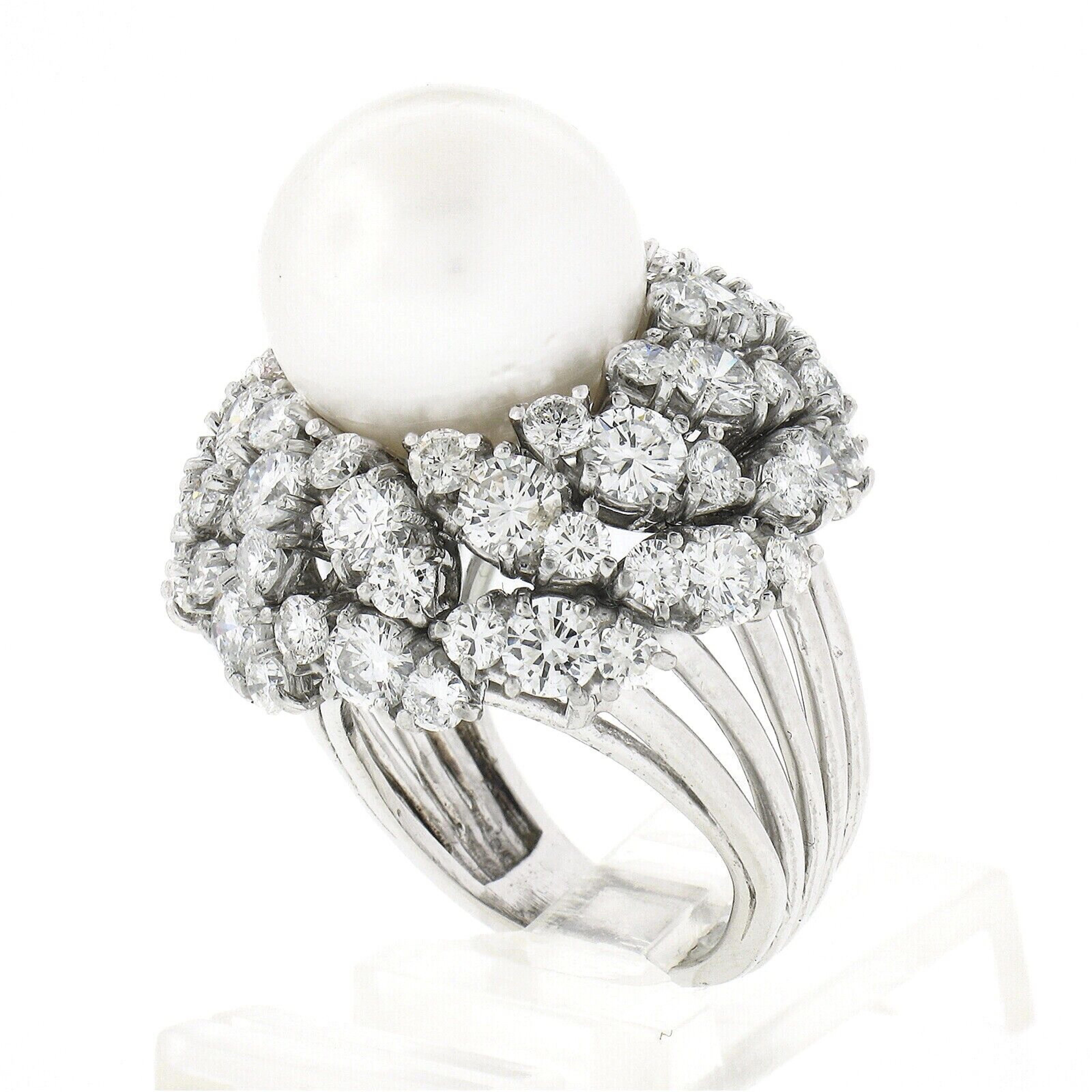 Large Vintage Handmade Platinum Pearl w/ 6.57ct Diamond Wire Work Dome Ring For Sale 4