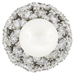 Grande bague dôme vintage faite à la main en platine avec perle et fil de fer en diamants de 6,57 carats