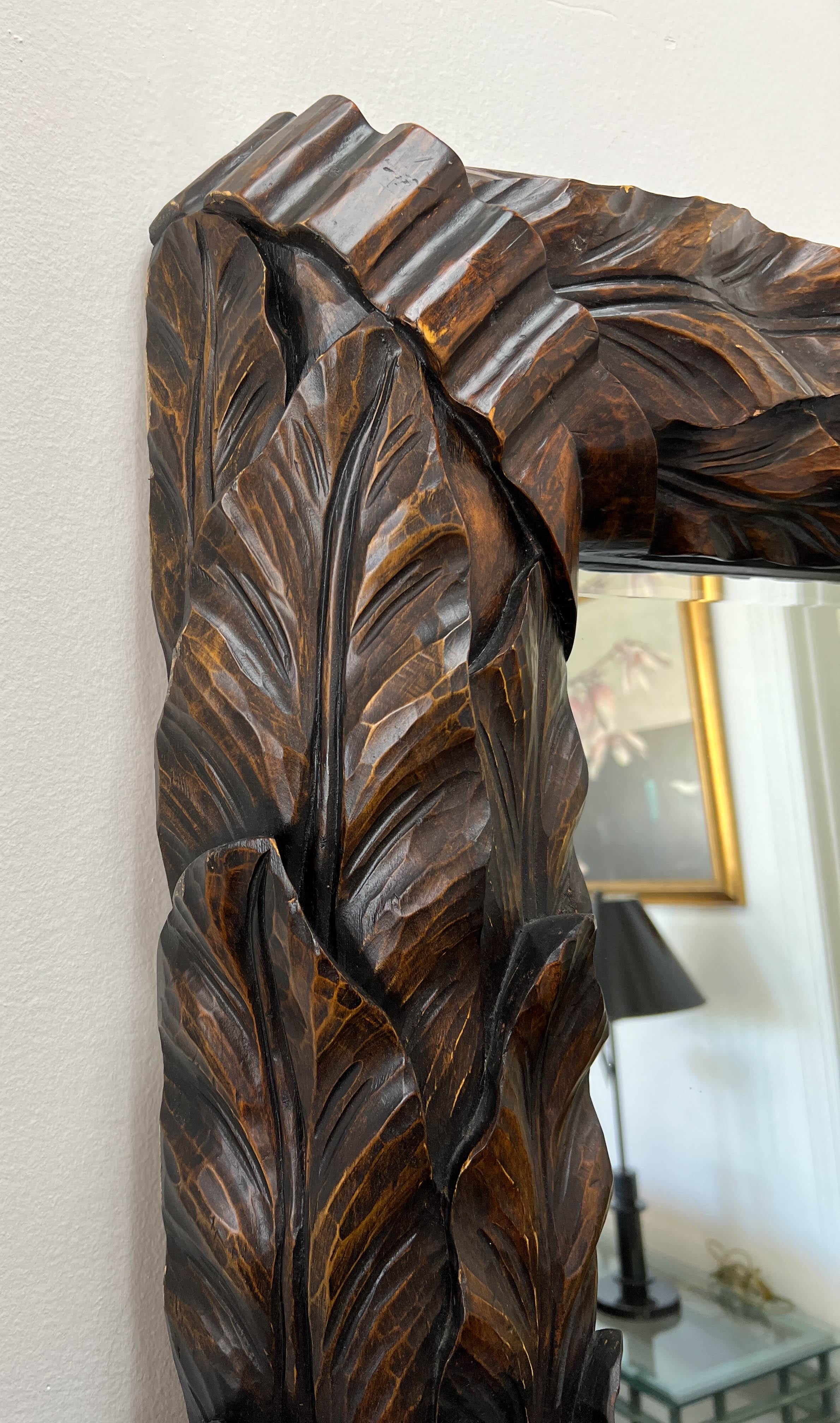 Large Vintage Hardwood Leaf & Ribbon Carved Mirror For Sale 3