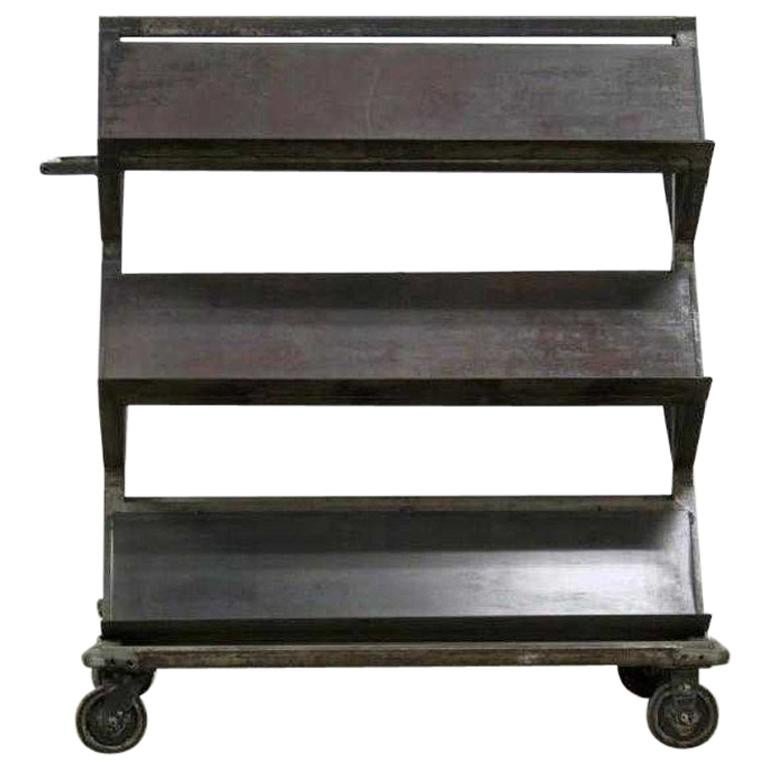 Large Vintage Heavy Metal Industrial Shelve Rolling Store Display Stand For Sale