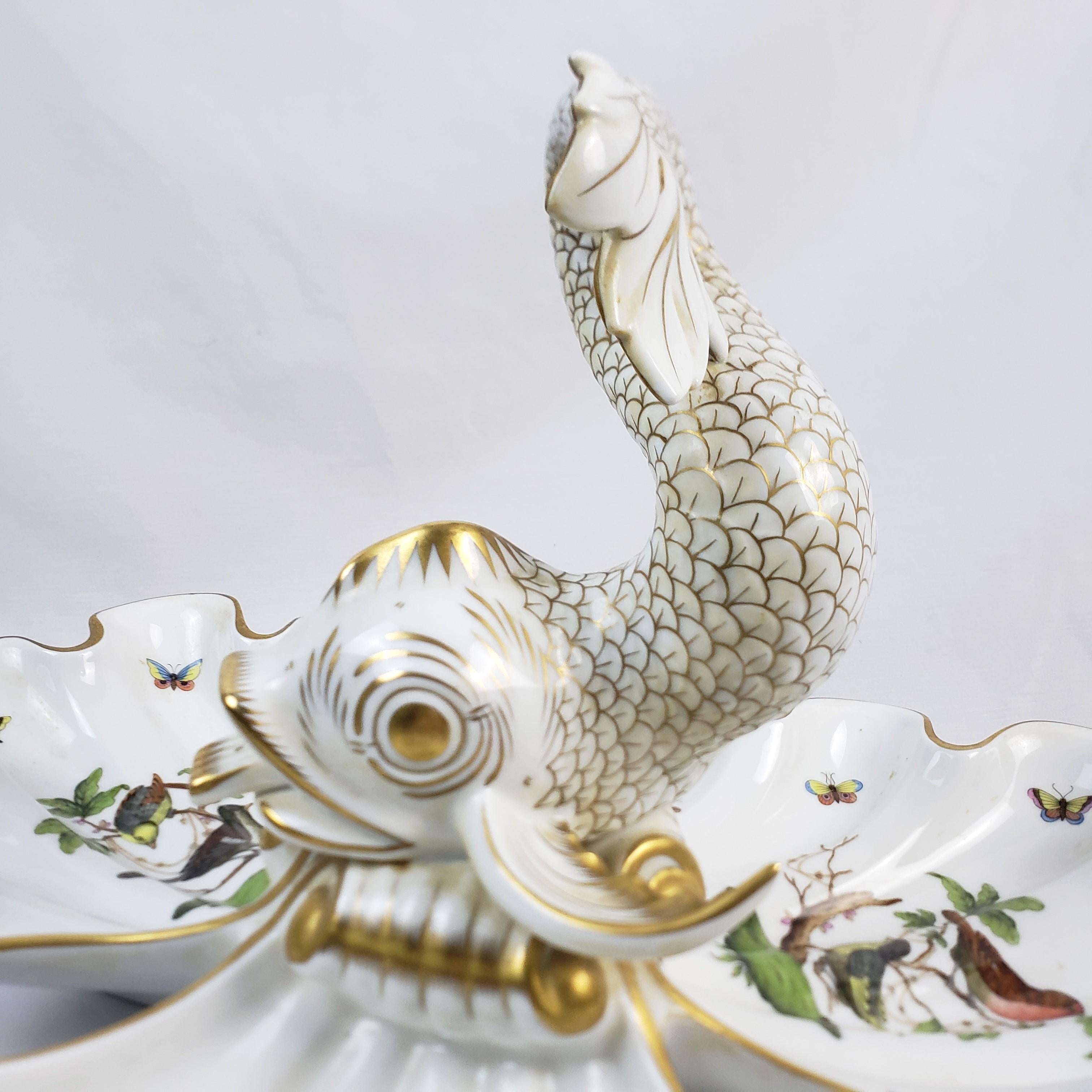Large Vintage Herend Porcelain Rothschild Bird Pattern Centerpiece with Coy Fish For Sale 4