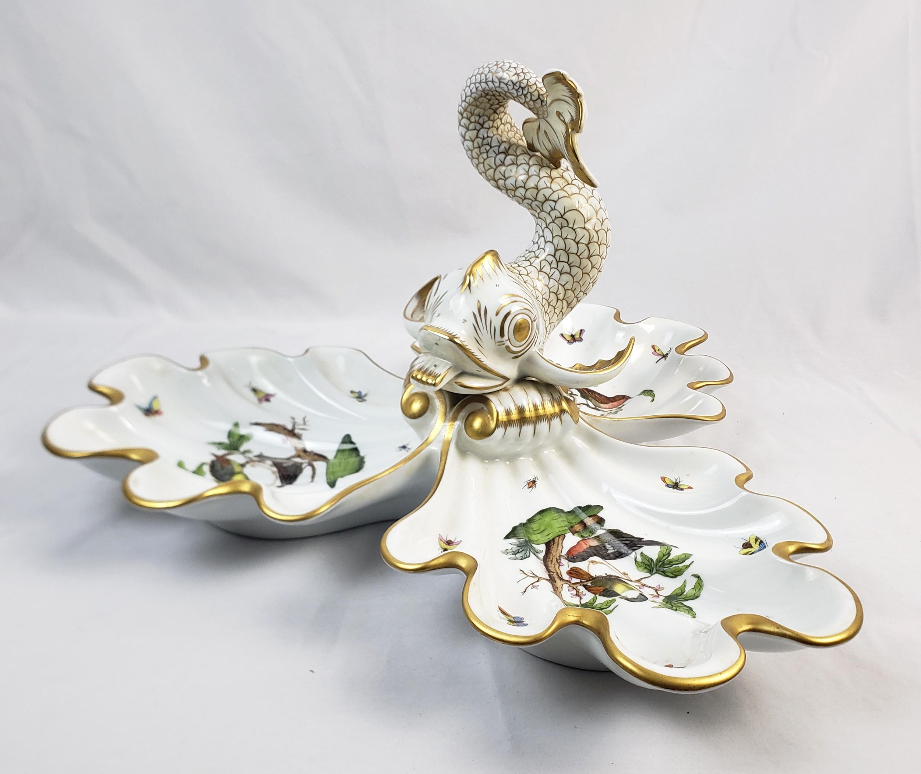 Hungarian Large Vintage Herend Porcelain Rothschild Bird Pattern Centerpiece with Coy Fish For Sale