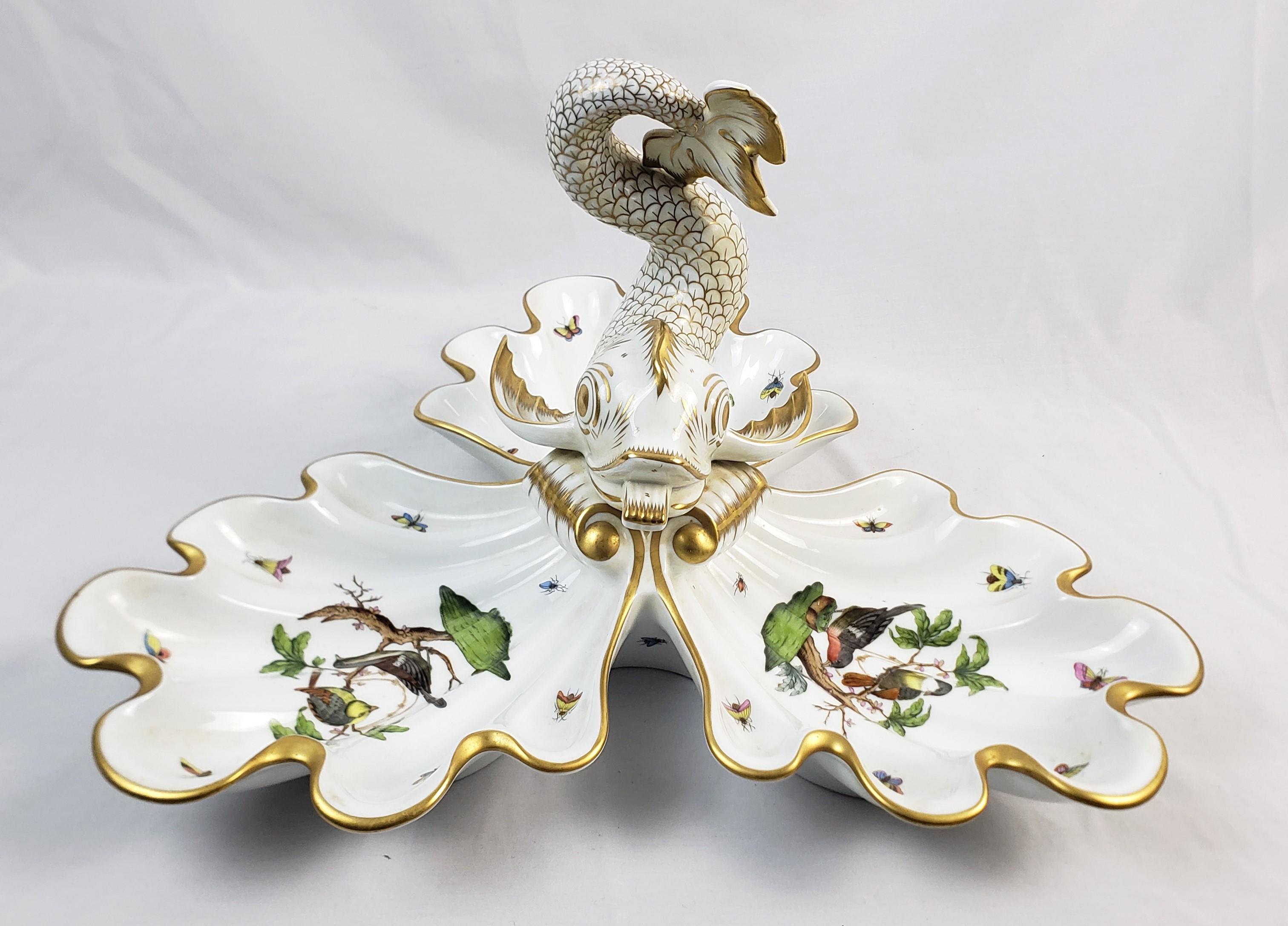 20th Century Large Vintage Herend Porcelain Rothschild Bird Pattern Centerpiece with Coy Fish For Sale