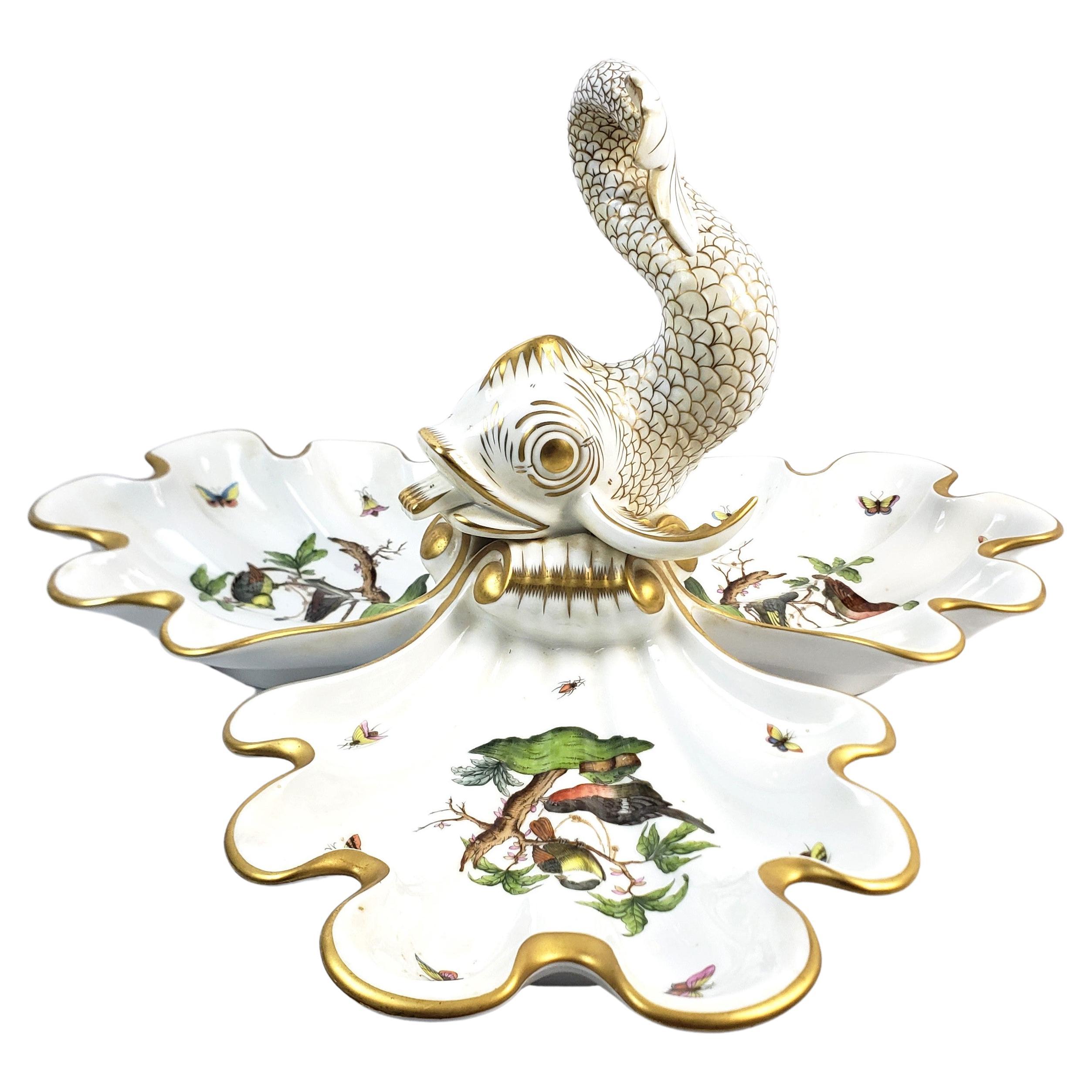 Large Vintage Herend Porcelain Rothschild Bird Pattern Centerpiece with Coy Fish For Sale