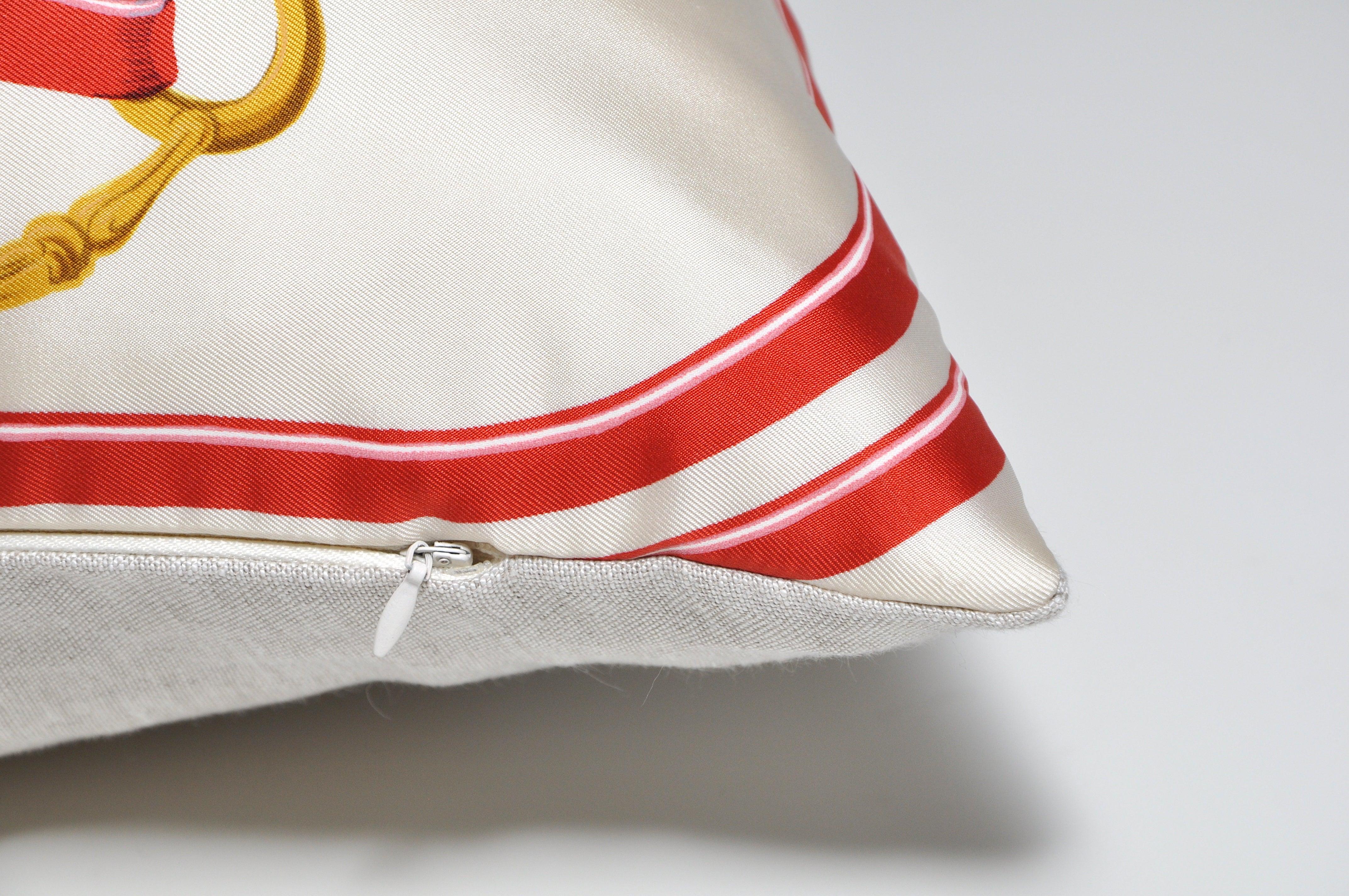 Textile Large Vintage Hermes Red Equestrian Silk Scarf and Irish Linen Cushion Pillow