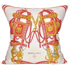 Large Vintage Hermes Red Equestrian Silk Scarf and Irish Linen Cushion Pillow