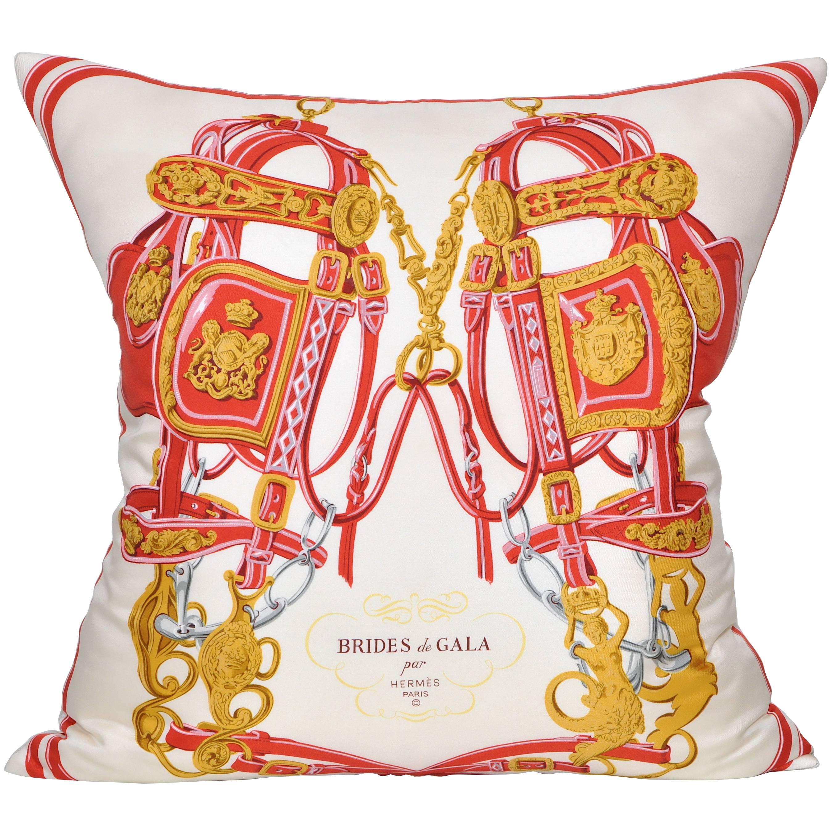 Large Vintage Hermes Red Equestrian Silk Scarf and Irish Linen Cushion Pillow For Sale