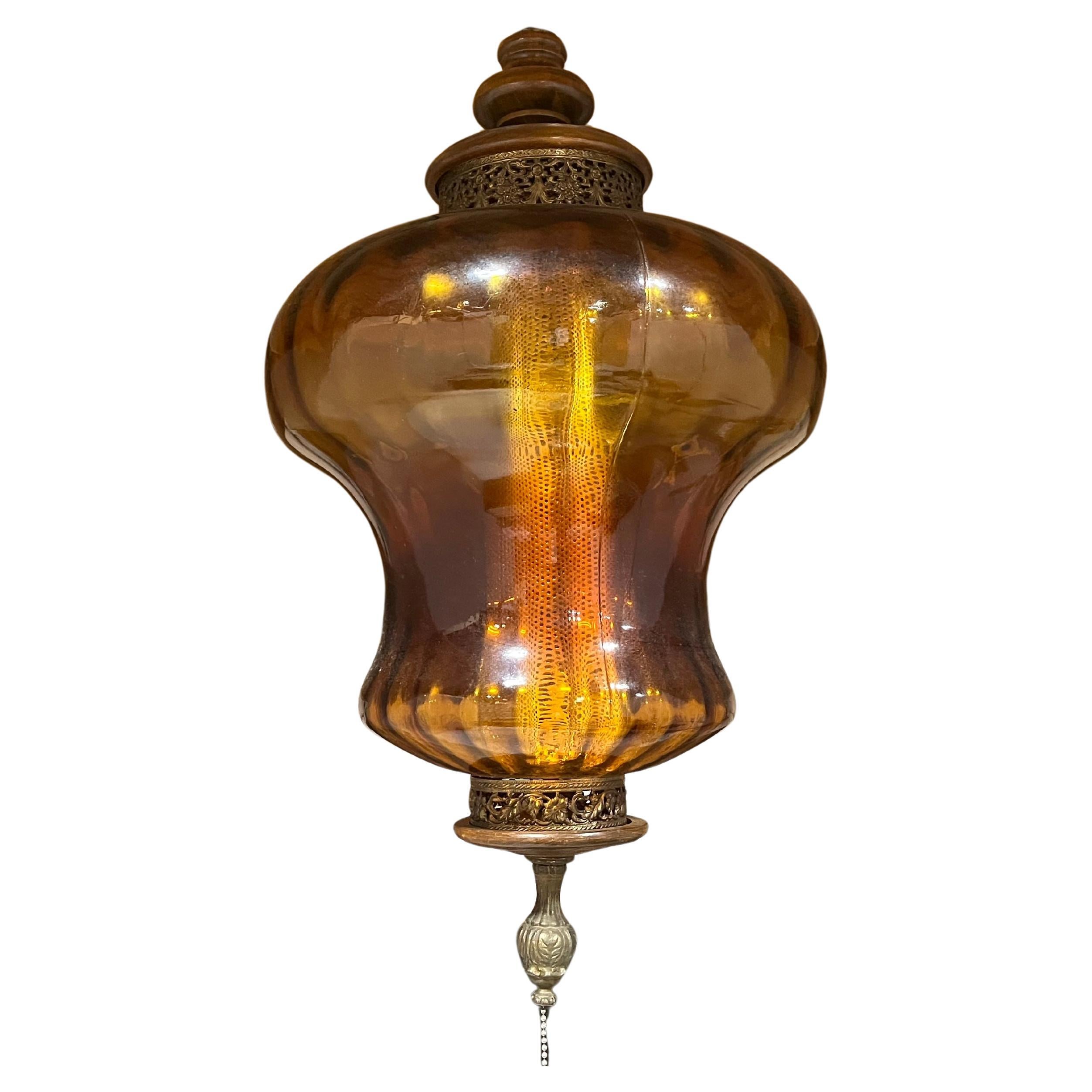 Große Vintage Hollywood Regency Bernstein Pull String Swag Pendent Lampe, Vintage im Angebot