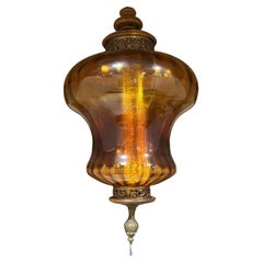 Grande lampada a sospensione vintage Hollywood Regency ambra con corda a strappo