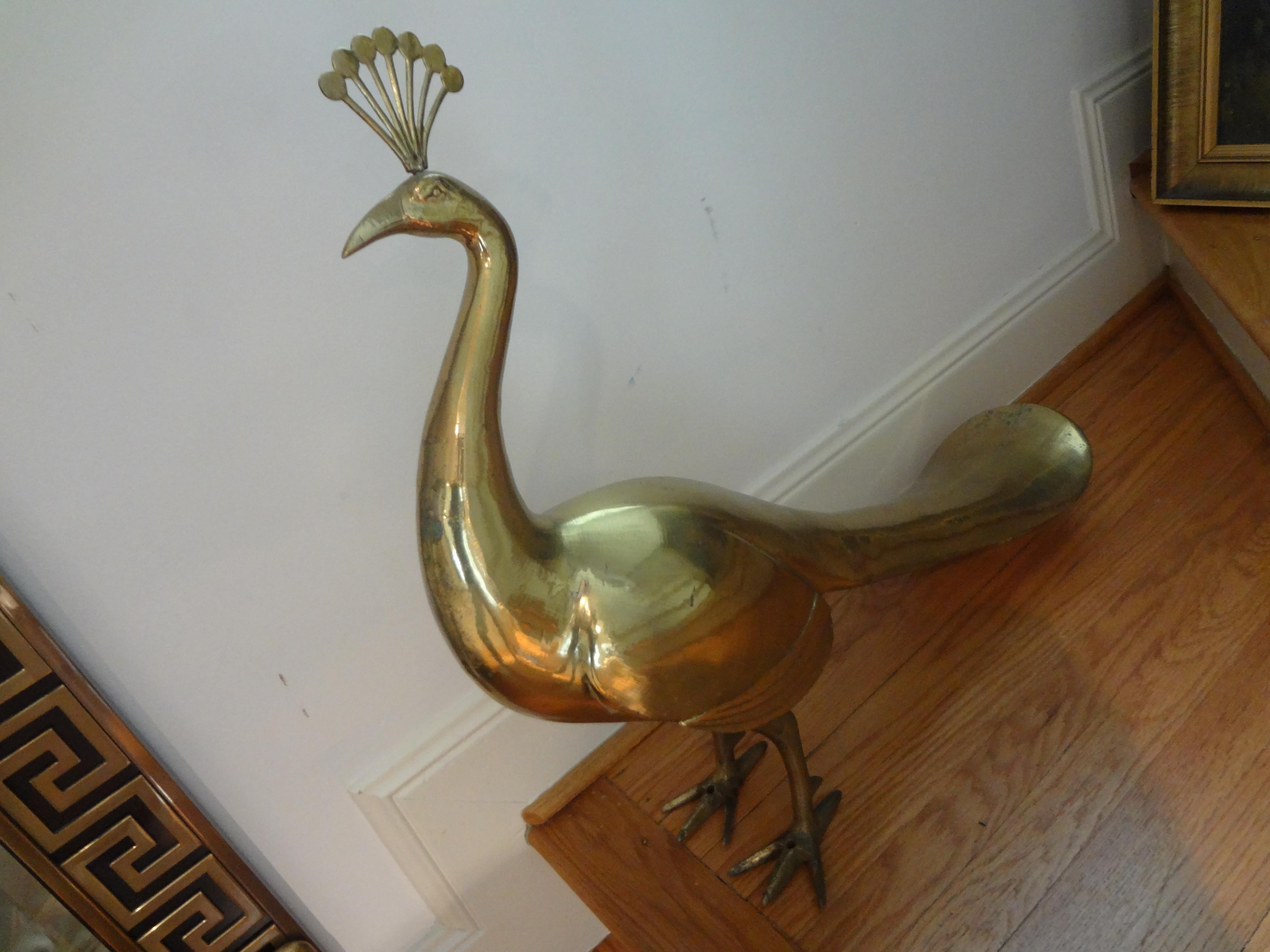 Large Vintage Hollywood Regency Brass Peacock In Good Condition In Houston, TX