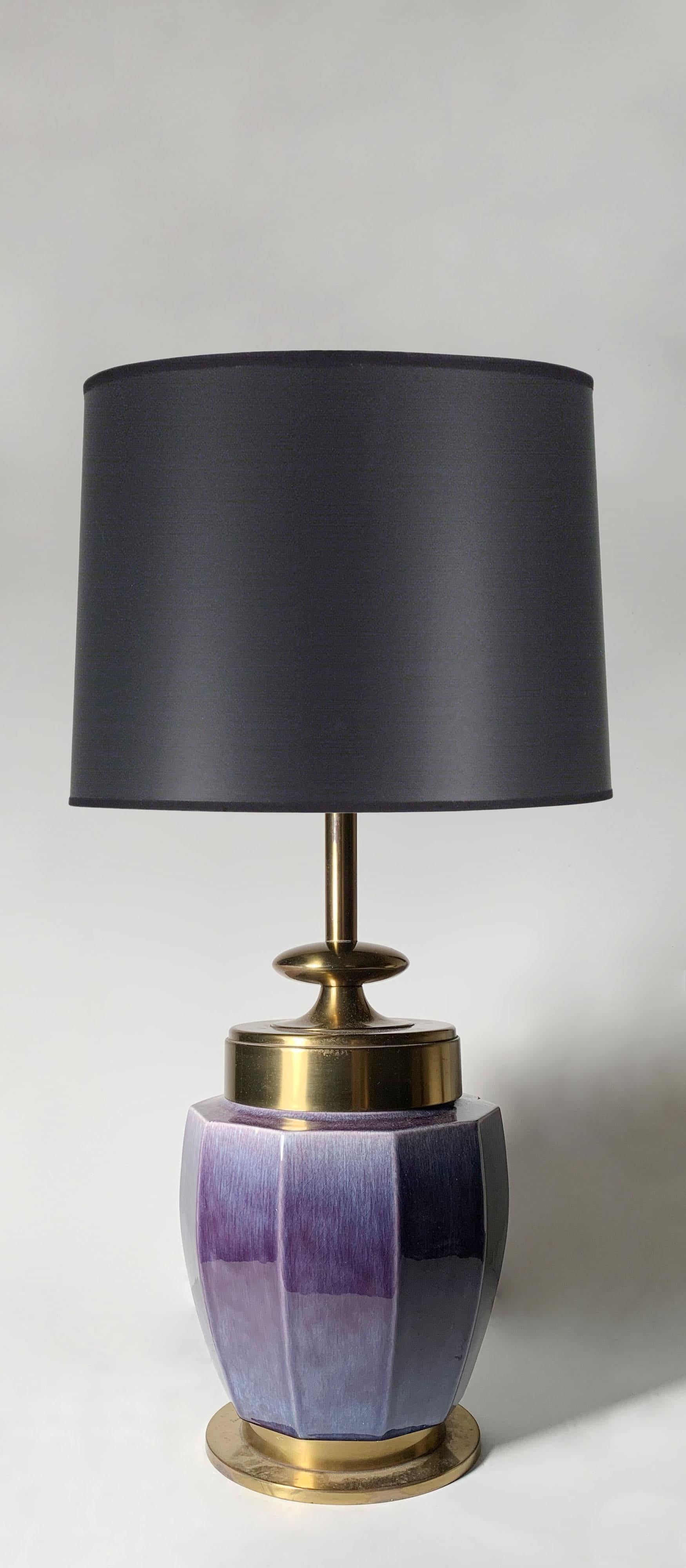 Large Vintage Hollywood Regency Stiffel ceramic Lamp. Style of Tommi Parzinger. A beautiful purple glaze on this ceramic base.

some vintage wear. Some wear to the finish of the brass hardware. A minor knick on ceramic.