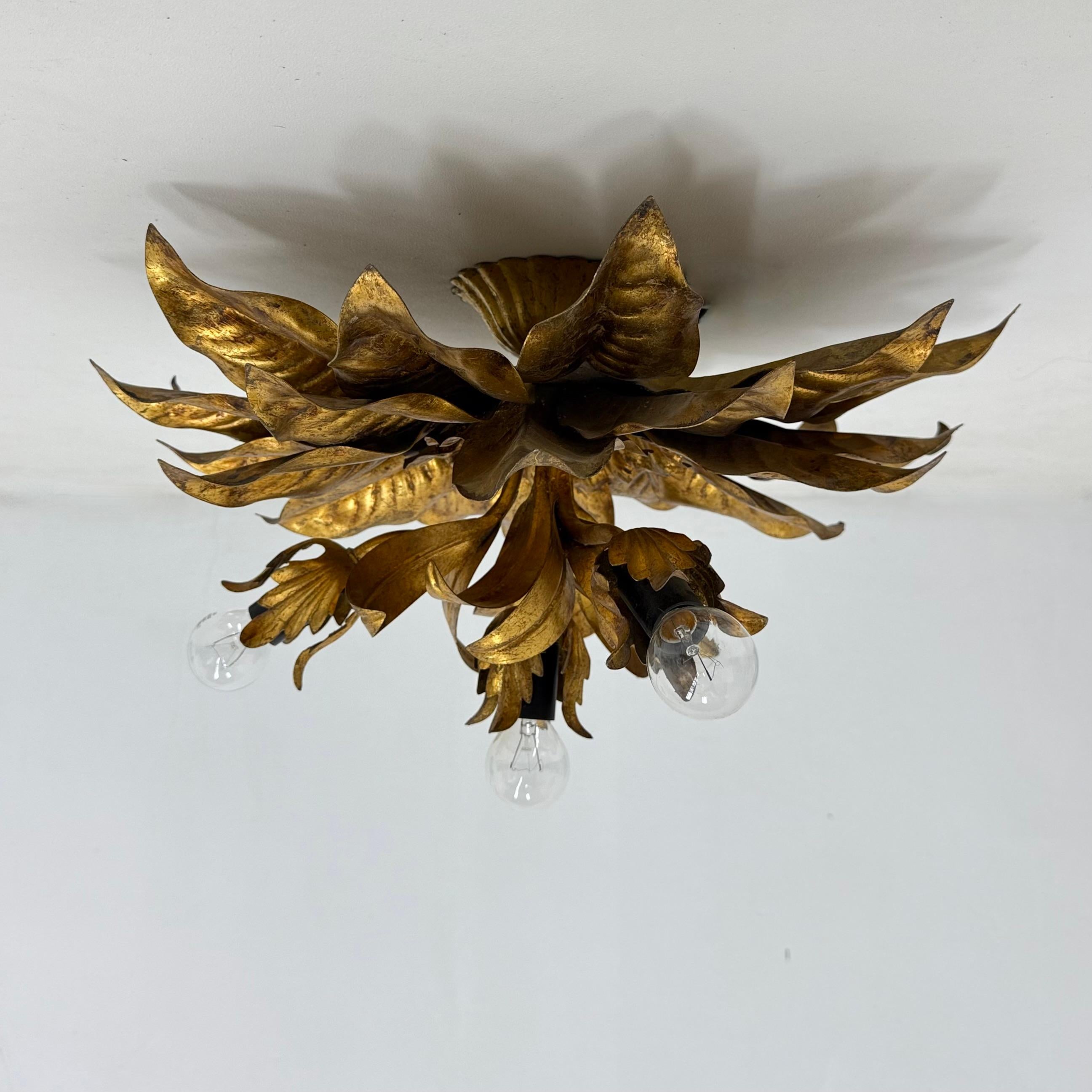 Large vintage hollywood rengency gold gilded leaf flush mount , 1970’s For Sale 8