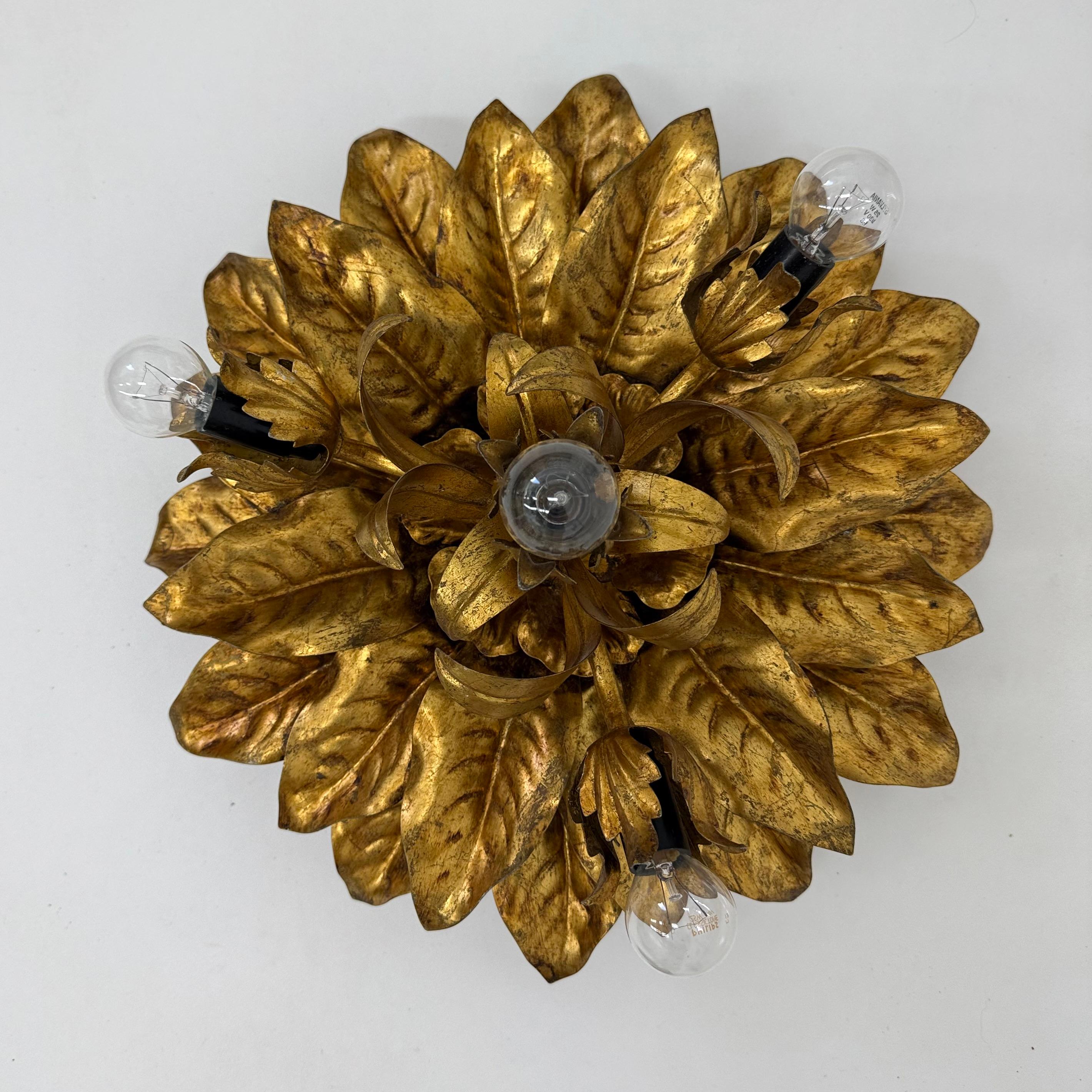 Hollywood Regency Large vintage hollywood rengency gold gilded leaf flush mount , 1970’s For Sale