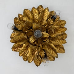 Large vintage hollywood rengency gold gilded leaf flush mount , 1970’s