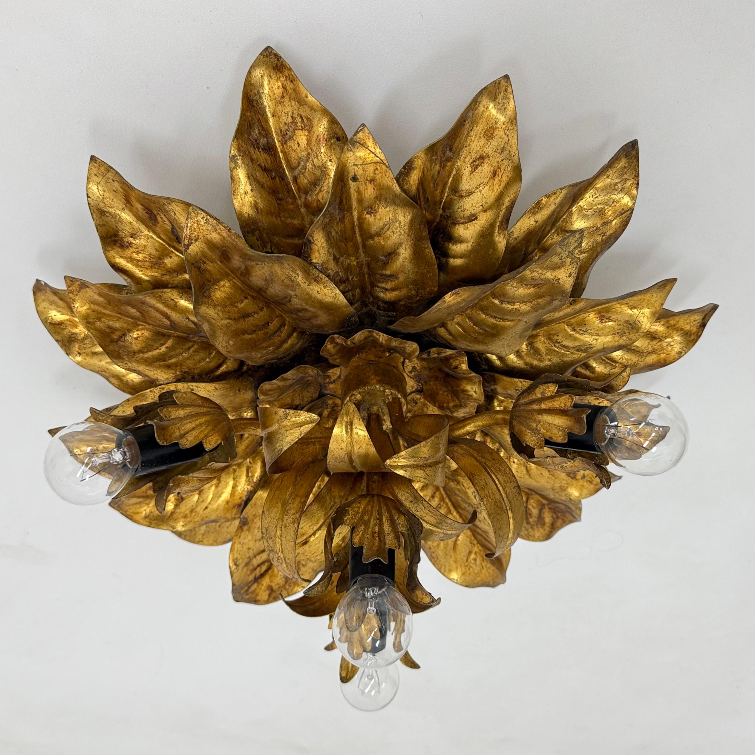 Large vintage hollywood rengency gold gilded leaf flush mount , 1970’s For Sale 14