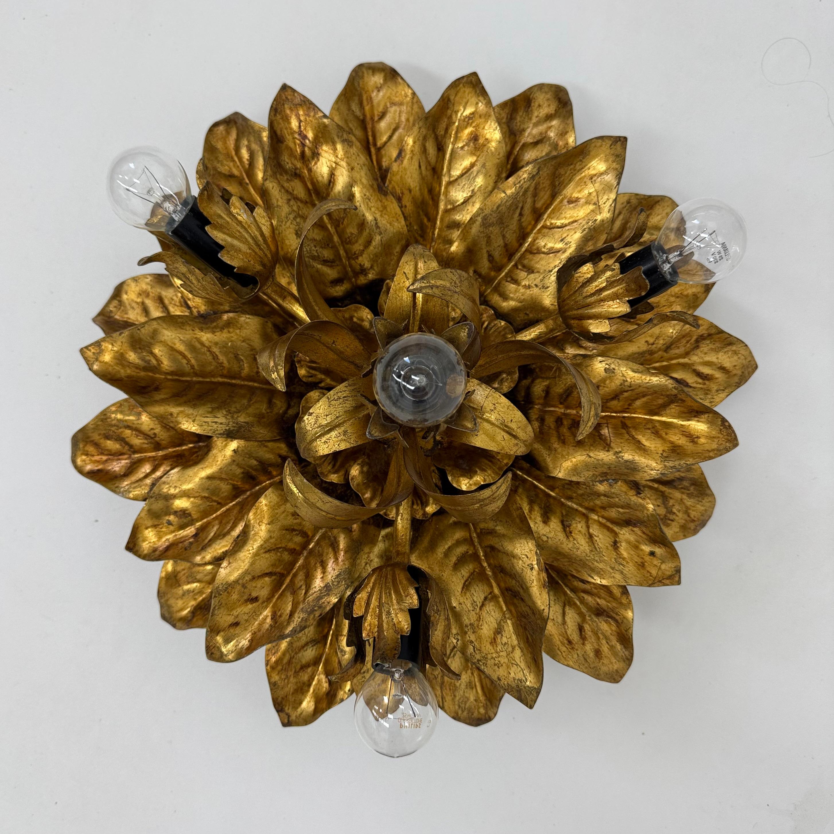 Italian Large vintage hollywood rengency gold gilded leaf flush mount , 1970’s For Sale