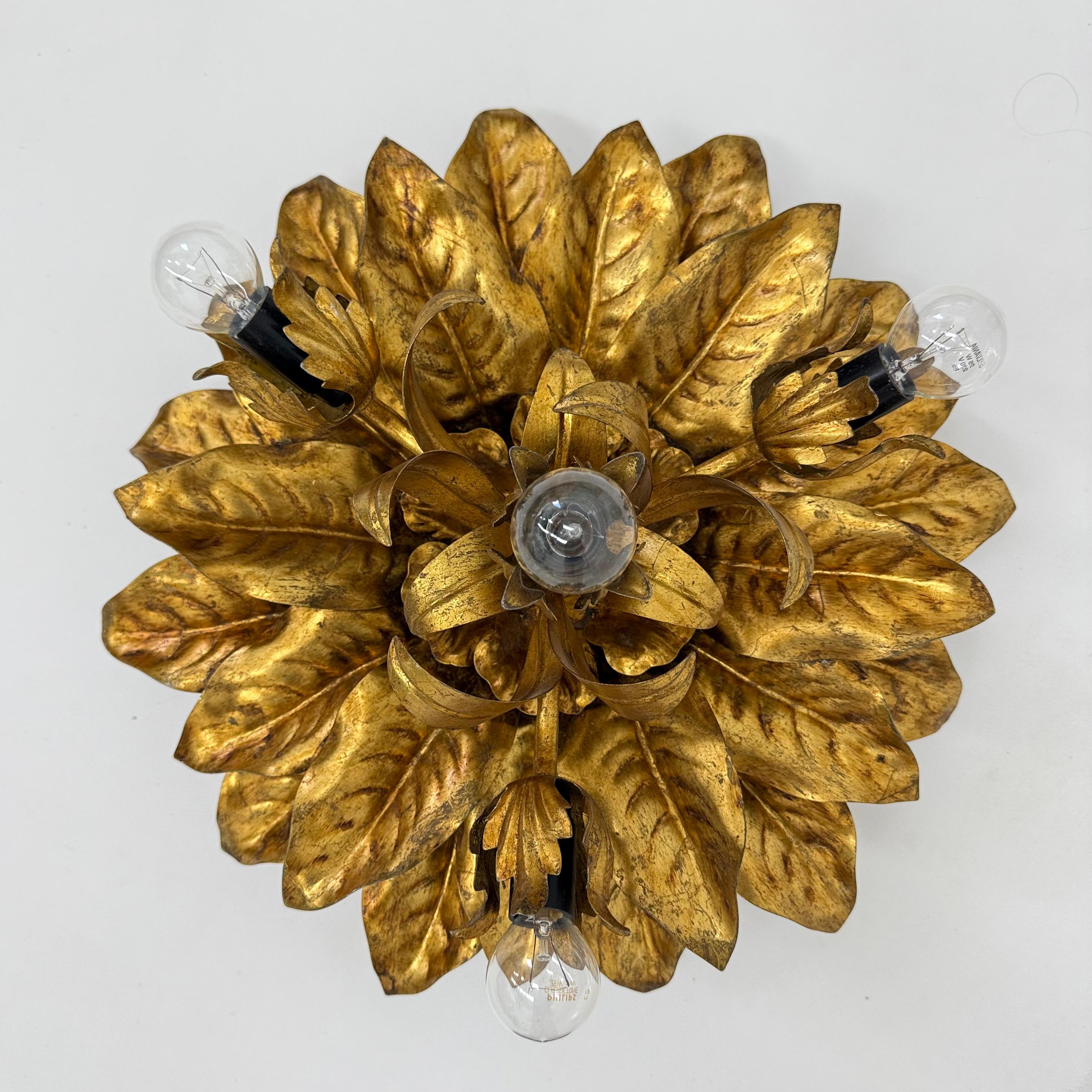 Late 20th Century Large vintage hollywood rengency gold gilded leaf flush mount , 1970’s For Sale