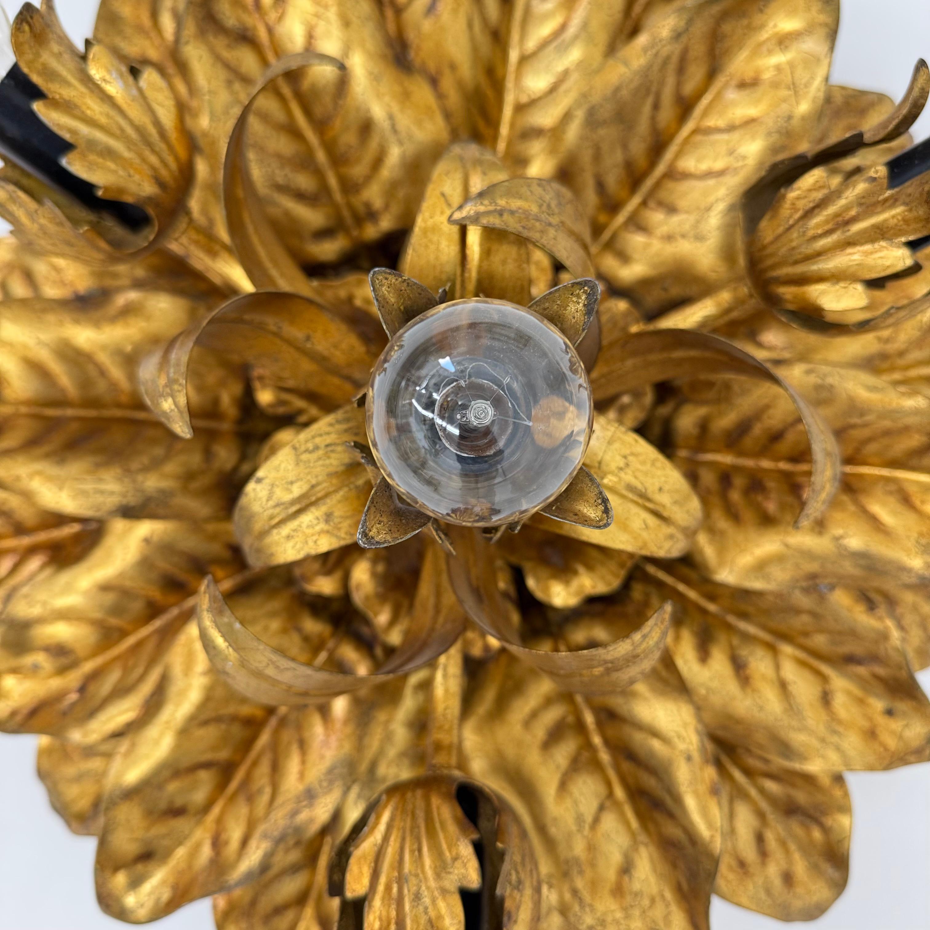 Metal Large vintage hollywood rengency gold gilded leaf flush mount , 1970’s For Sale