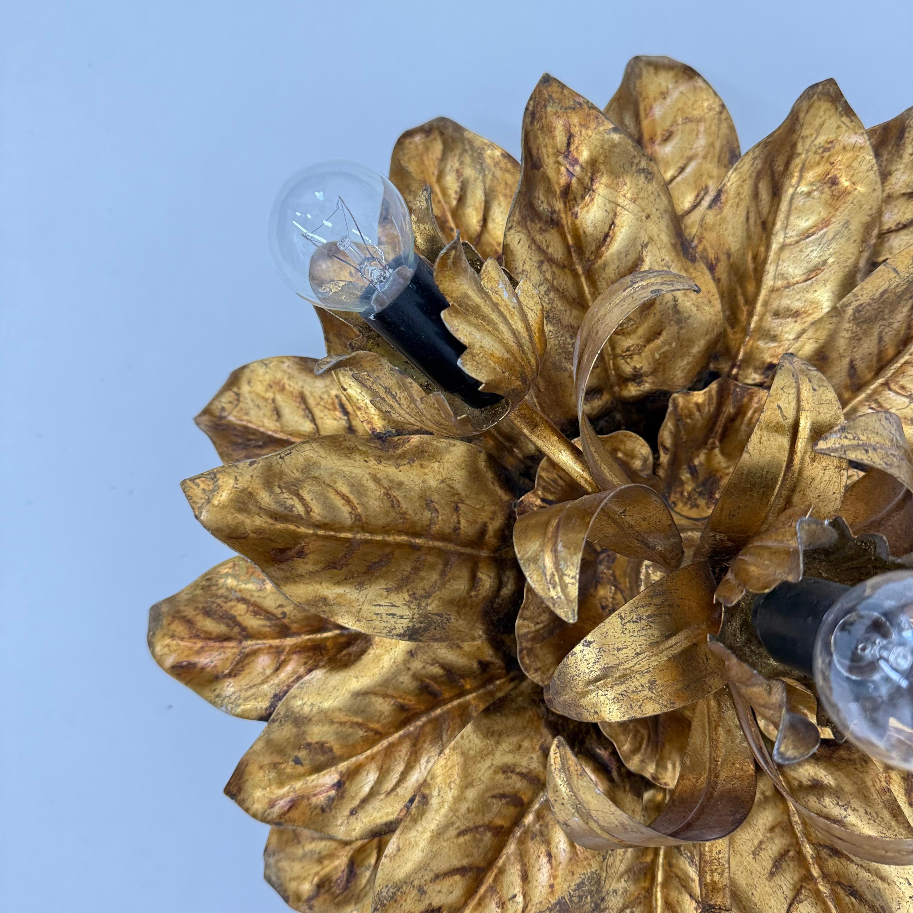 Large vintage hollywood rengency gold gilded leaf flush mount , 1970’s For Sale 1