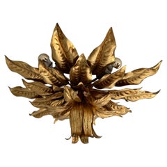 Large vintage hollywood rengency gold gilded leaf flush mount , 1970’s