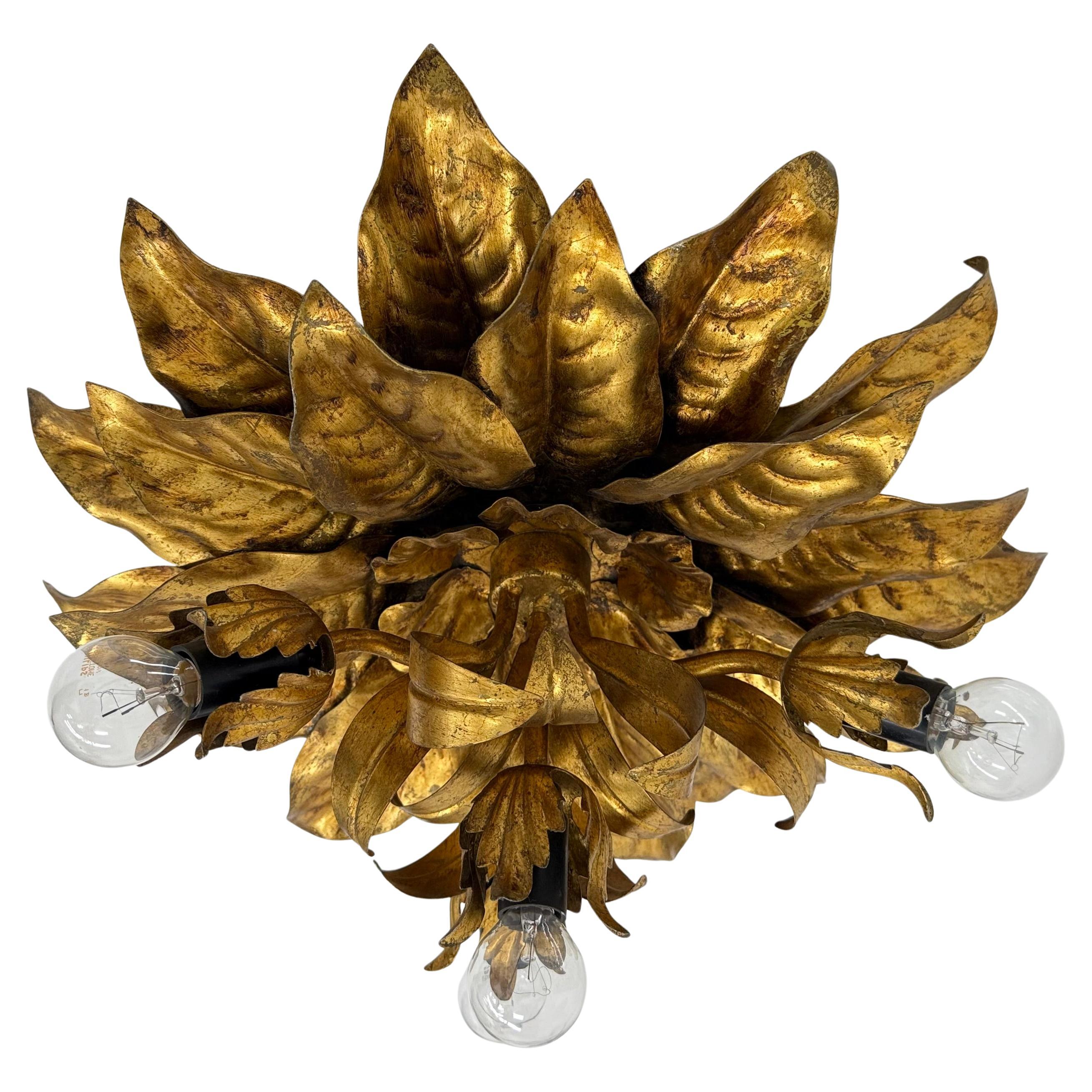Large vintage hollywood rengency gold gilded leaf flush mount , 1970’s For Sale